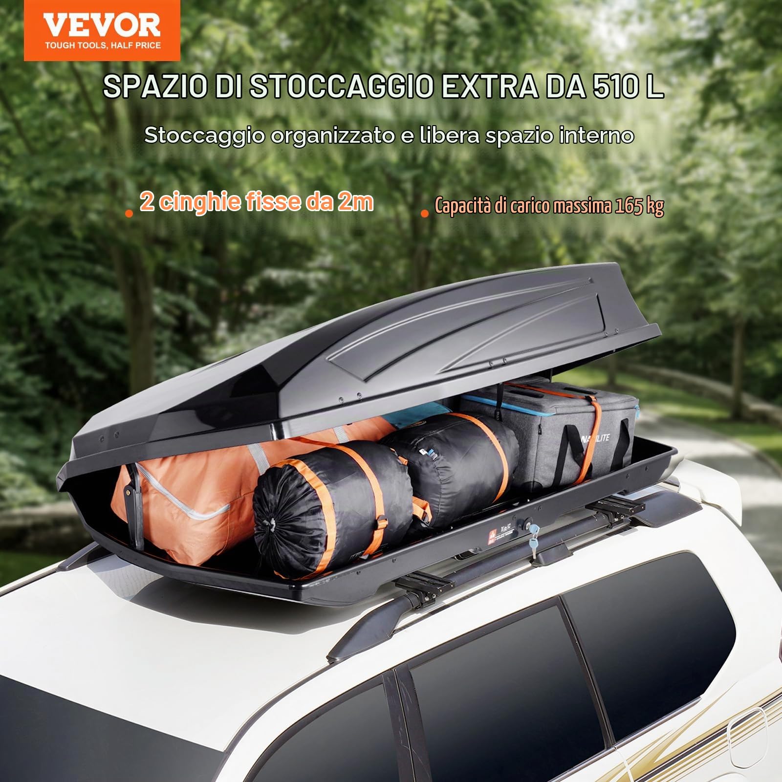 VEVOR Portapacchi da Tetto, Box da Tetto da 488 L Cubi in ABS 75 kg, con Apertura su Due Lati e 2 Cinghie Rinforzate, Aerodinamico, Adatto alla Maggior Barre Trasversali, per Auto, Wagon, SUV, Nero