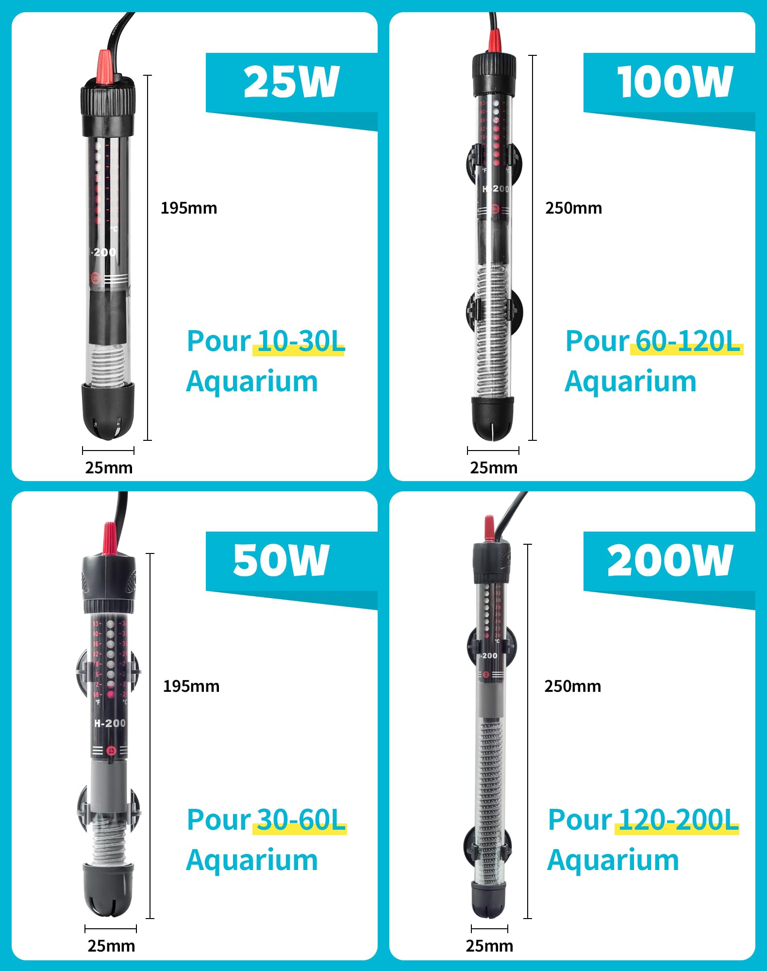 Chauffage Aquarium 25W pour 10L 20L 30L Chauffage pour Aquarium avec réglage 20–34°C
