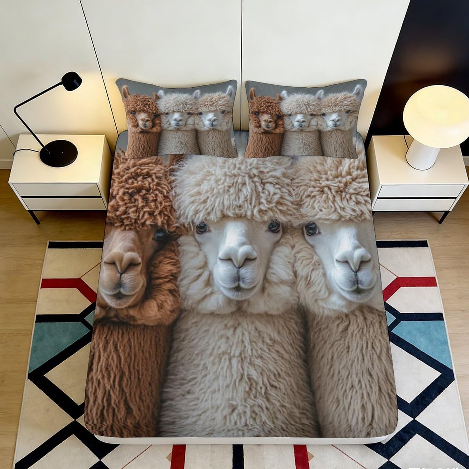 3D Printed Alpaca Animal Fitted Sheet Microfiber Soft Beige Brown Cartoon Llama Mattress Cover for Bedroom Guest Room Decor 90x200x25cm