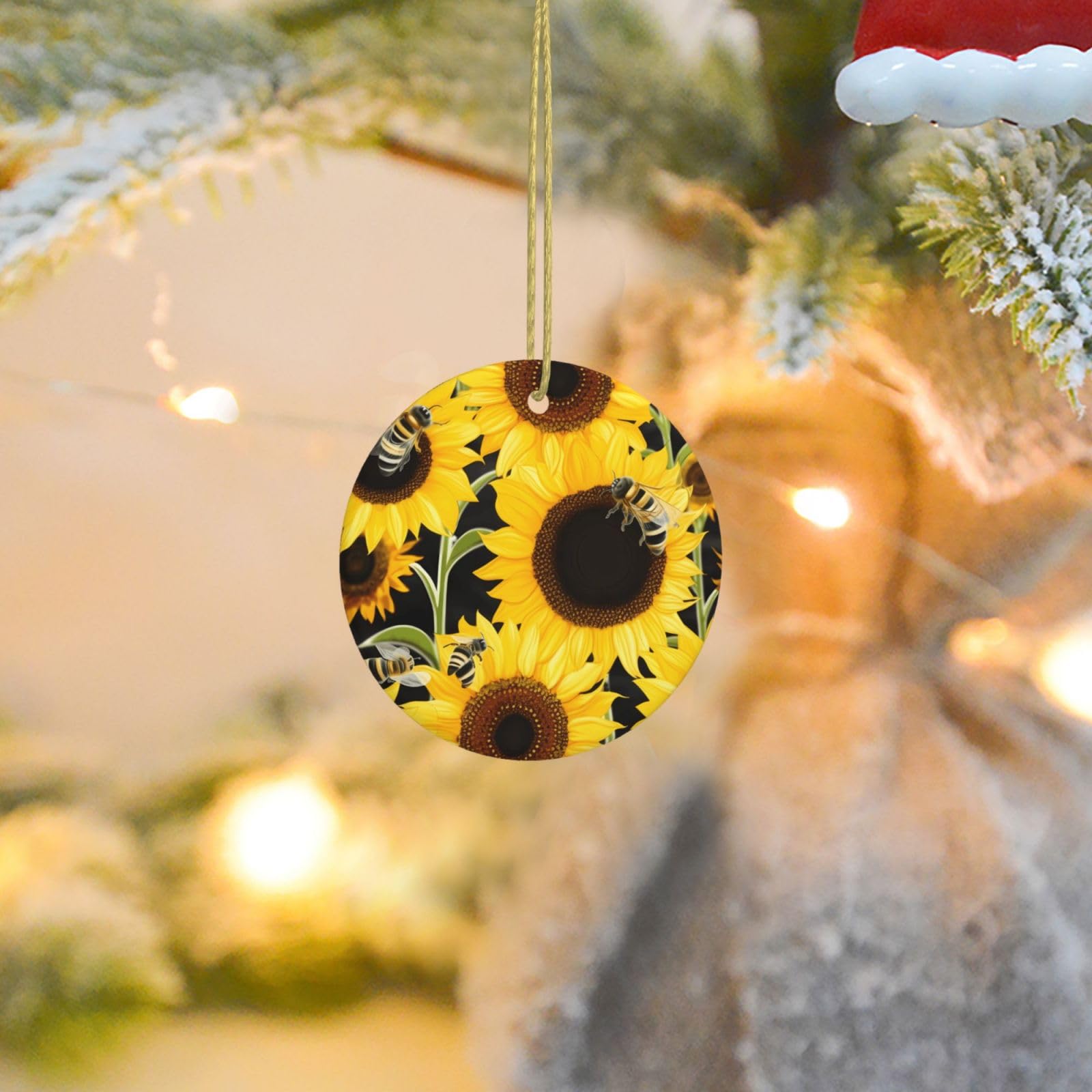 Christmas Ornaments for Christmas Tree Decoration Ceramic Hanging Sunflower Bees Ornament with Gold Ribbon Crafts Round Pendant for Keepsake Gifts Glass Xmas Decor Party Supplies