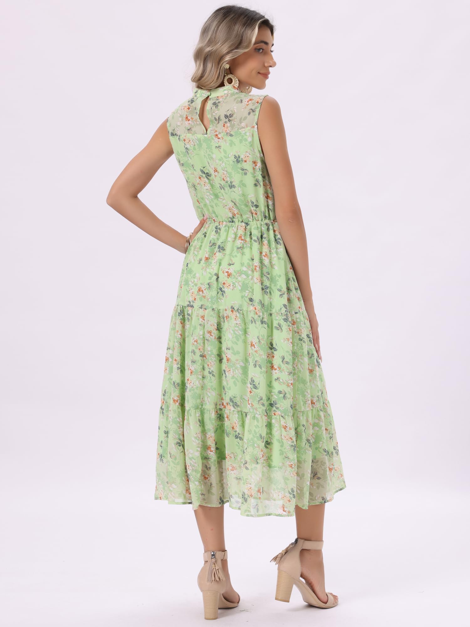 Seta T Abito estivo da donna in chiffon floreale, senza maniche, con collo alto, abito midi per feste di nozze