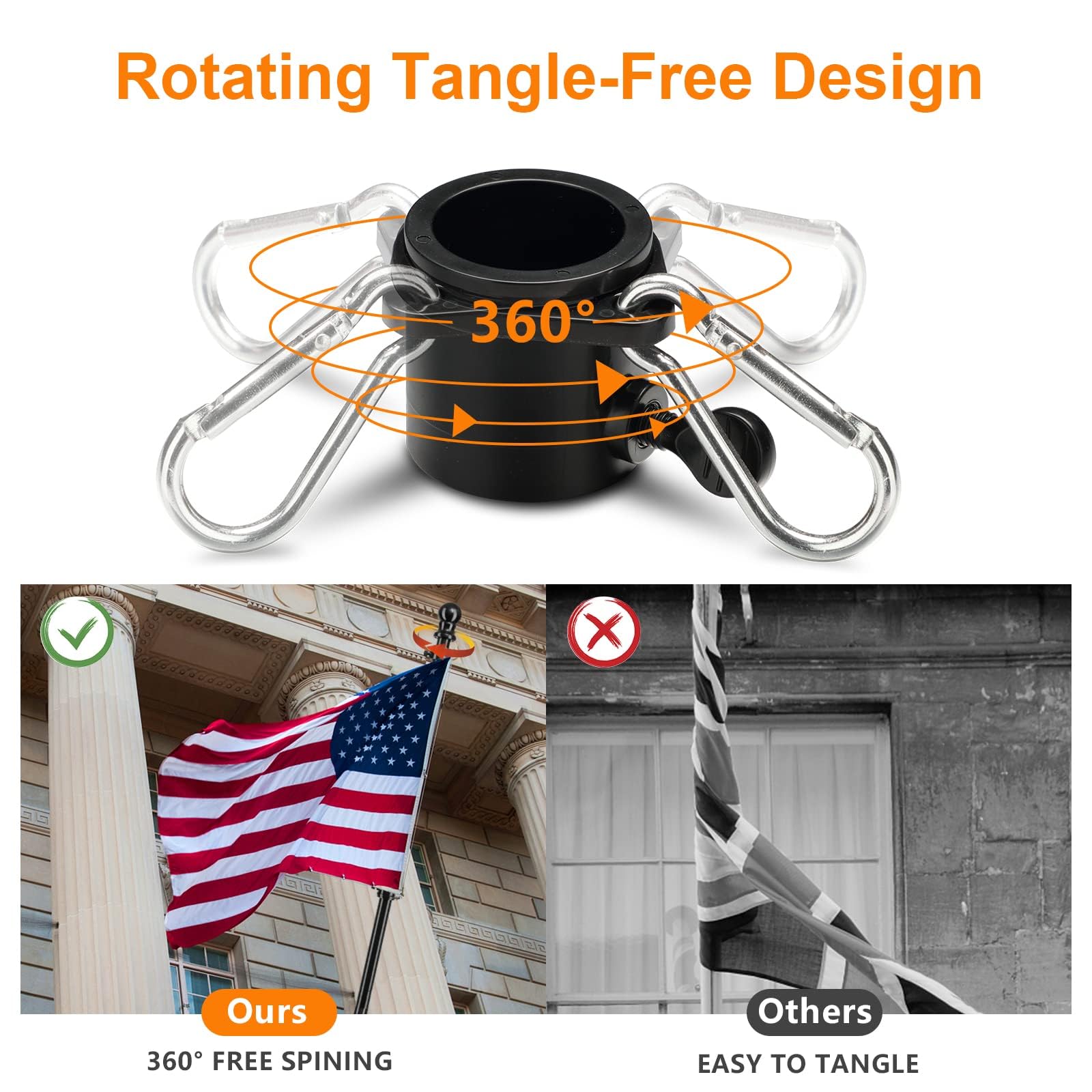 Barcetine Tangle Free Flagpole Rings - 360° Rotating Ring Set with Safety Buckle for 1 inch Diameter Pole, 2 Anti-Winding Flagpole Mounting Grommets (Black)