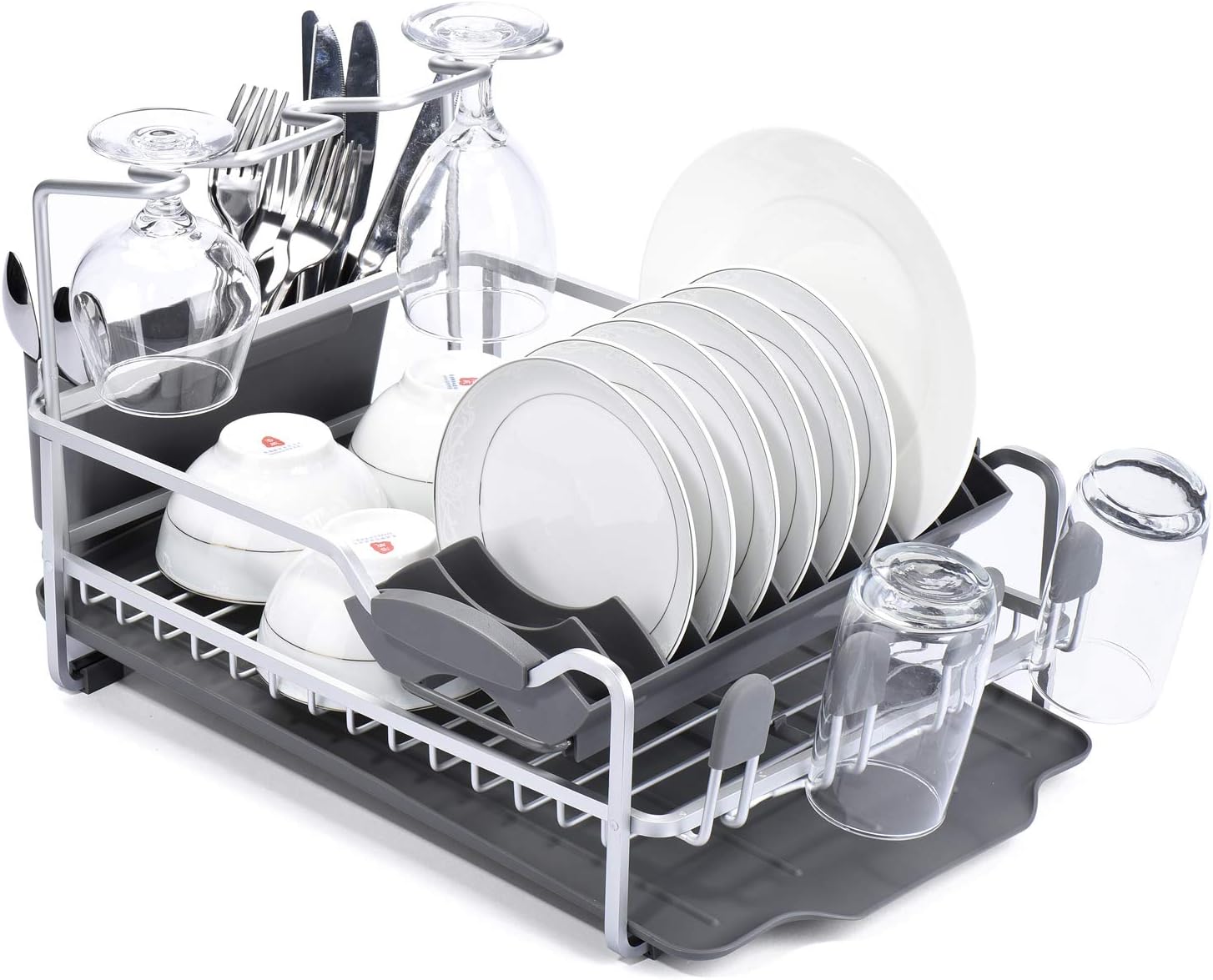 Glotoch Aluminum Dish Drying Rack with Expandable Over Sink Dish Rack, Rust Proof Frame, Cutlery Holder, Wine Glass Holder & Cup Holder for Kitchen,16x12x11 inch