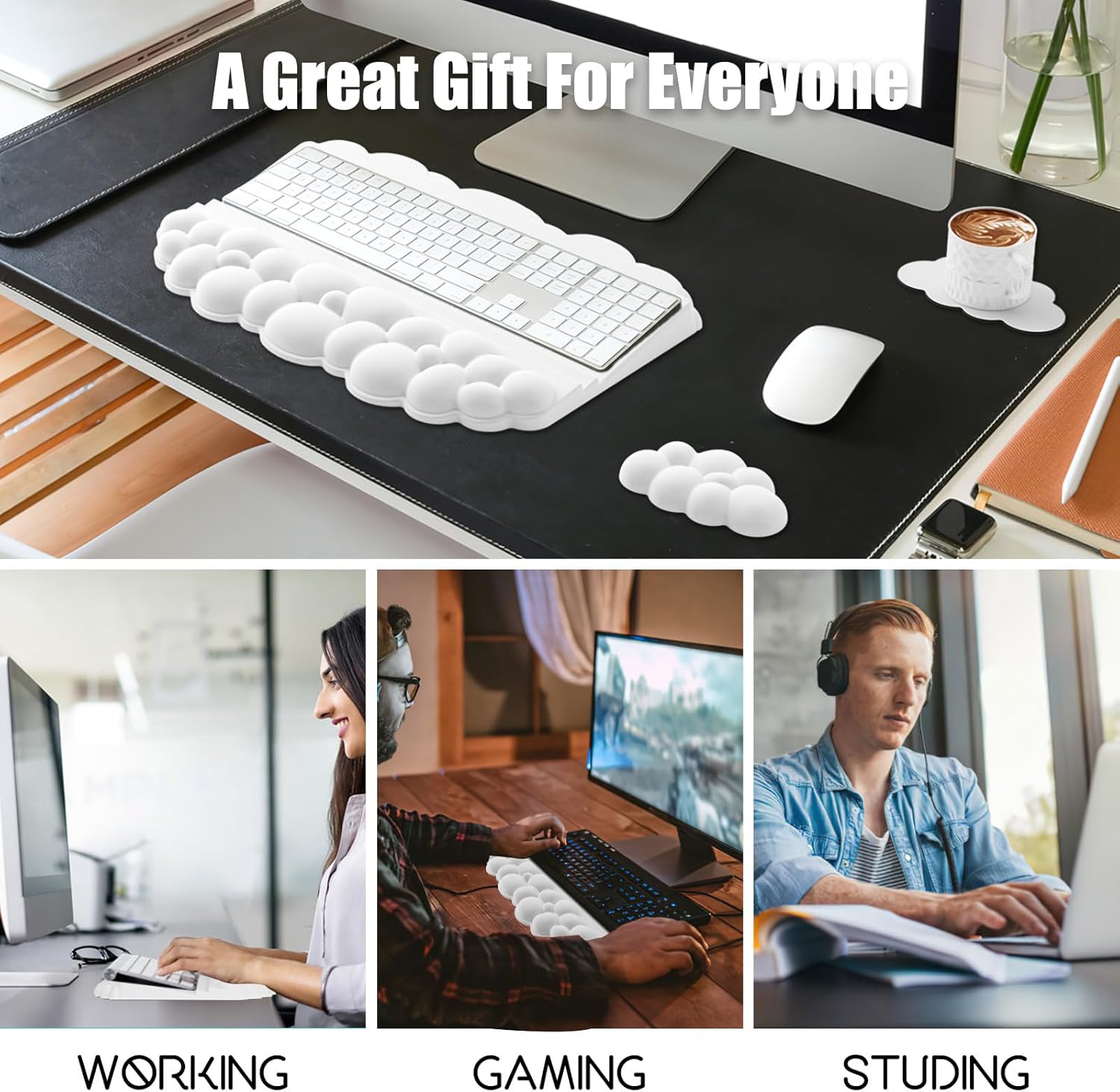 Ergonomic Wrist Rest for Keyboard and Mouse, Soft Memory Foam Cloud Keyboard Stand Pad with Wrist Rest Set with Non-Slip Silicone Base, Easy Typing, Pain Relief, Comfort for Office, Work, Gaming White image 7 of 8 B0F244LW78