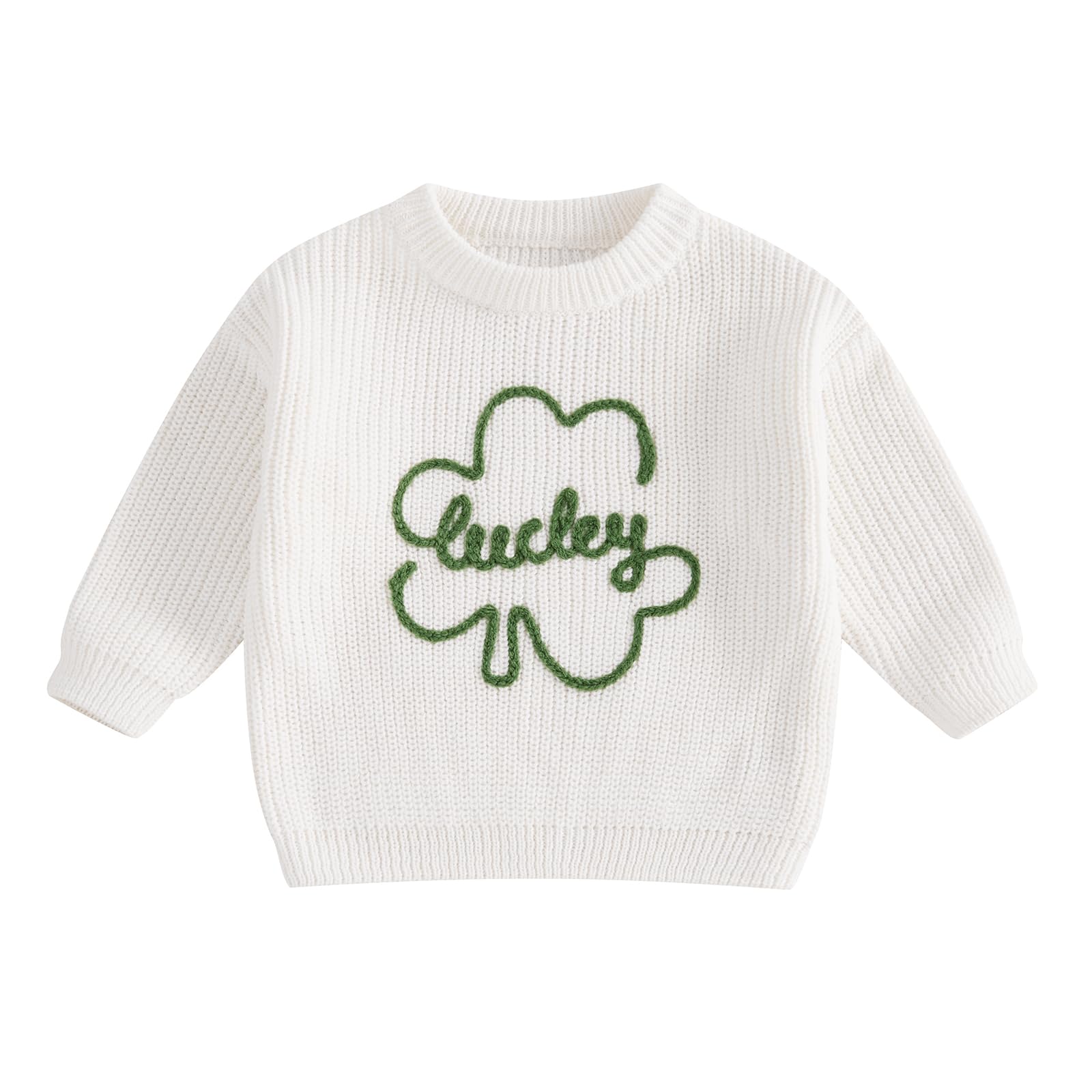 GINEVSAL Baby Boy Girls St. Patricks Day Outfit Unisex Four-Leaf Clover O-Neck Long Sleeve Sweater Shirt Pullover Sweatshirt (White, 9-12 Months)