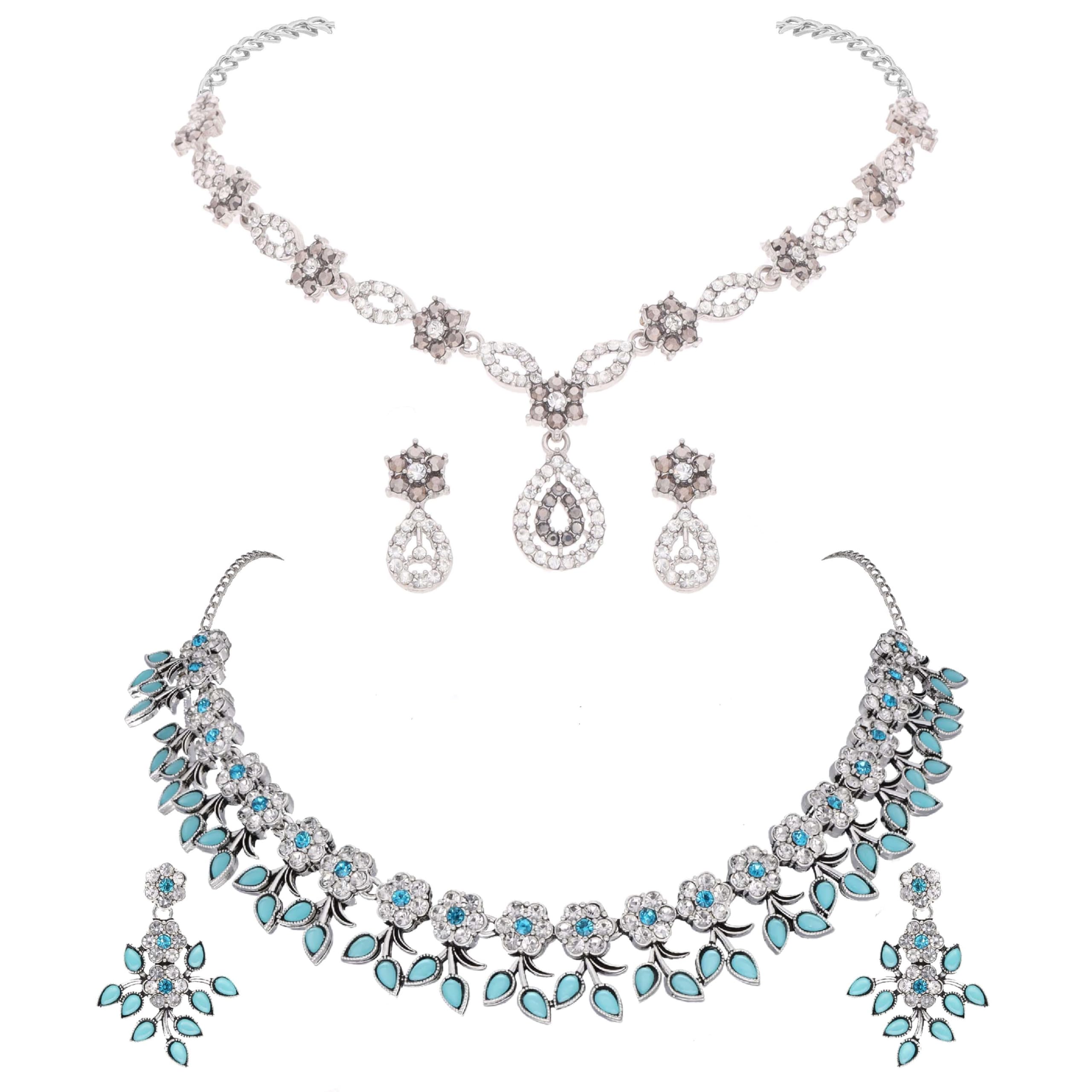 Brado Jewellery Unique Silver Polished AD Stone Studded Jewellery Choker Necklace Combo Set With Matching Pair of Earring for Special Occasions (Skyblue & Grey) (B0D8GV8H1R) Amazon Price History, Amazon Price Tracker