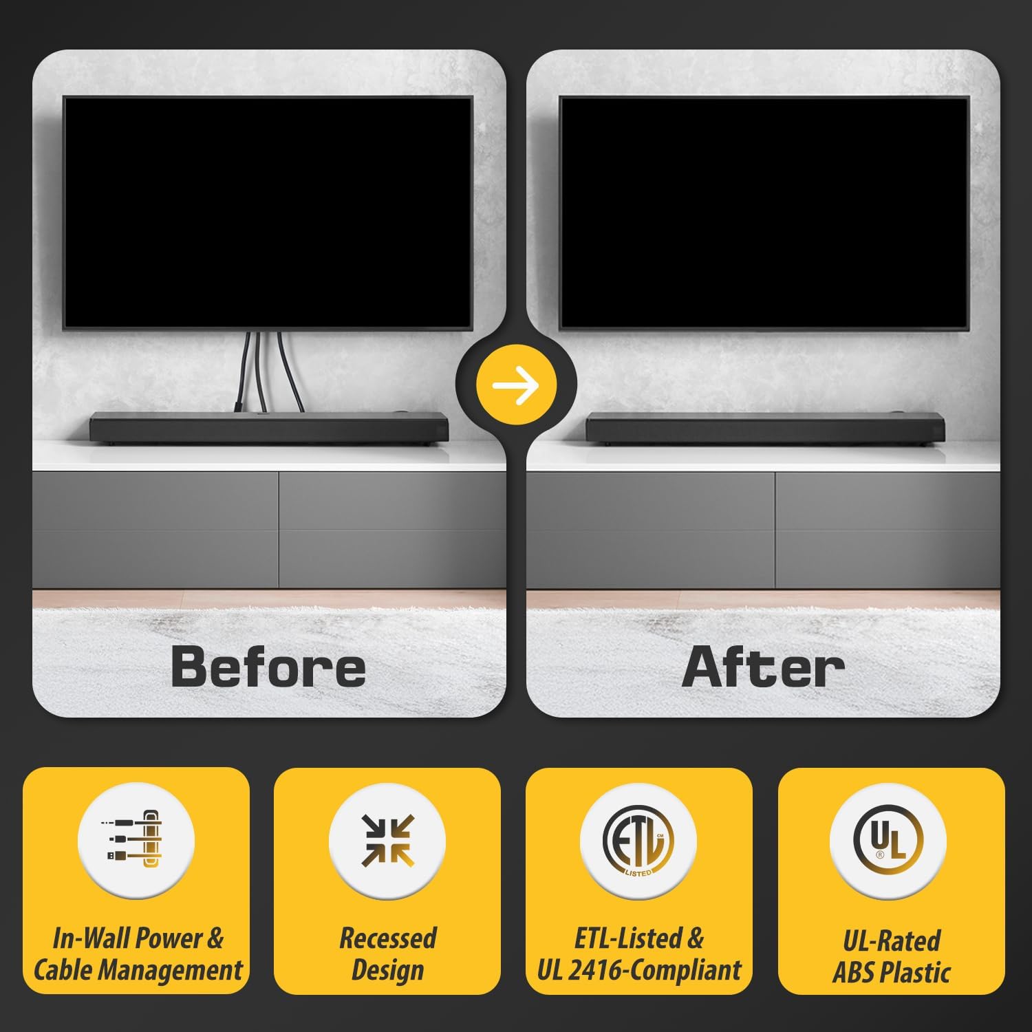 DataComm Electronics 45-8011-1P Multi-Functional Recessed Media Box with Integrated Duplex Power Receptacle For Seamless Home & Office Connectivity Solutions, In Wall Box, Hides TV Outlet & Cables