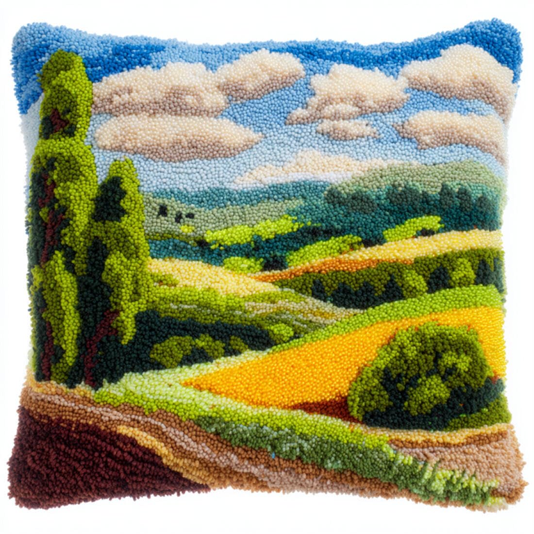Kitquiver DIY Latch Hook Kit Country Road Scenery DIY Latch Hook Kits Pillow Printed Cushion Crochet Yarn 3D Embroidery Set Pillowcase Rug Home Decor 17x17In