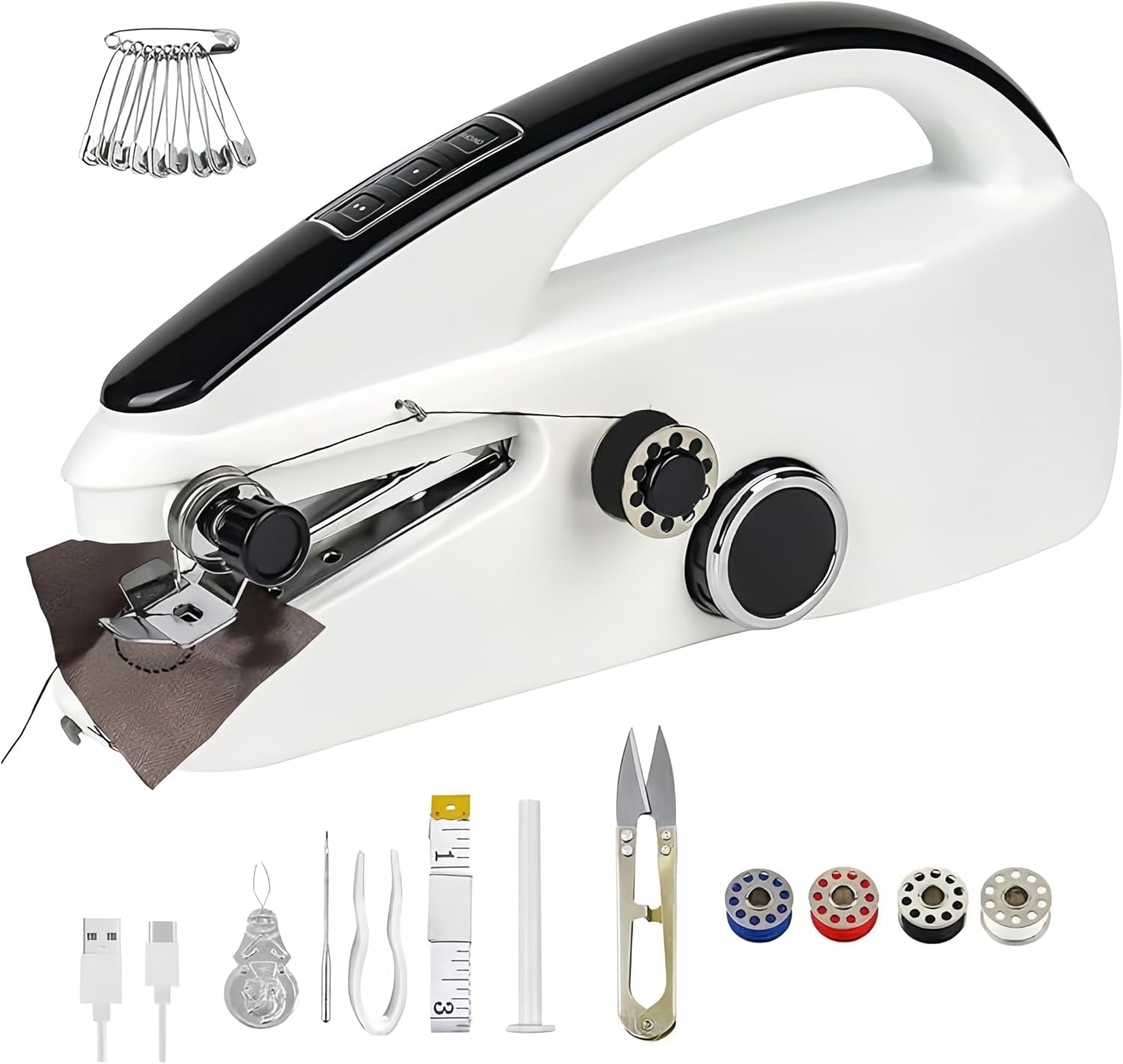 Handheld Mini Portable Electric Small Sewing Machine Quick Stitch for Home Travel Use, Dual Speed, Two Power Supplies, White