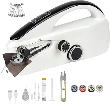 Handheld Mini Portable Electric Small Sewing Machine Quick Stitch for Home Travel Use, Dual Speed, Two Power Supplies, White