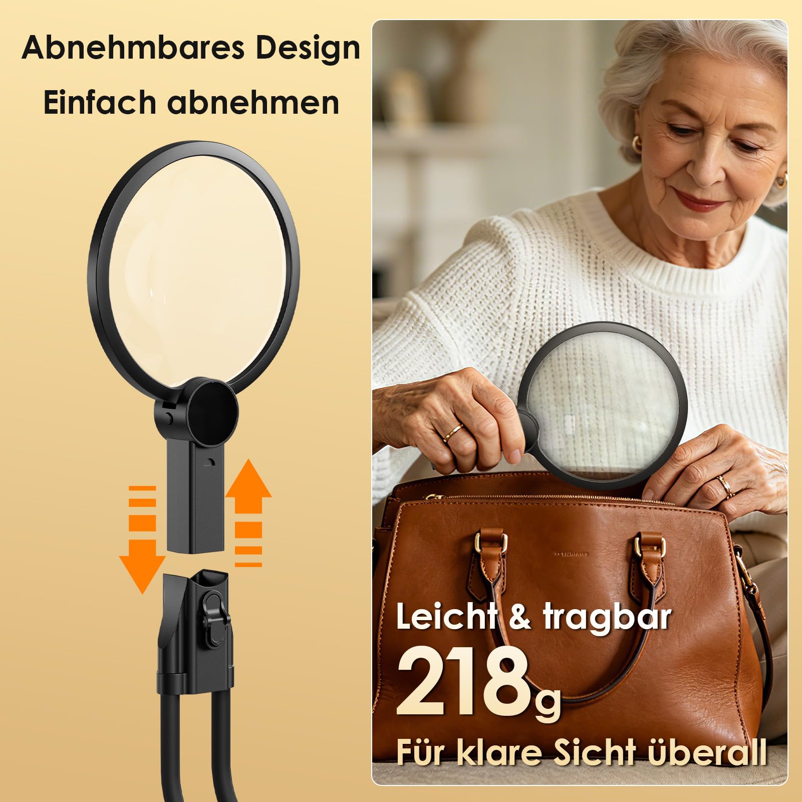 Wederaufladbare Lupe mit Licht 5X, 48 LEDs große Leselupe als Umhänge-, Tisch- & Handlupe, 3 Lichtmodi & stufenlos dimmbar, Akkuanzeige für Senioren zum Lesen, Stricken, Häkeln und Nähen