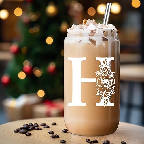 Miniatura 35 de Coolife Vaso de vidrio con inicial, regalos con monograma para mujer, tazas de vidrio de 16 onzas con tapas y pajitas, vaso de cerveza para batido
