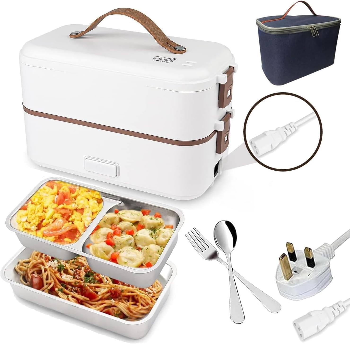 Withe Lunch Box Self Cooking Electric Lunch Box with Tableware & Insulation Bag ...