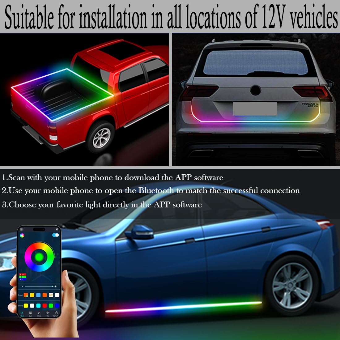 Tira de Luces LED para capó de Coche, luz Diurna Exterior Flexible e Impermeable, luz LED RGB Multicolor para capó, luz Diurna con escaneo dinámico, Apta para vehículos de 12V.