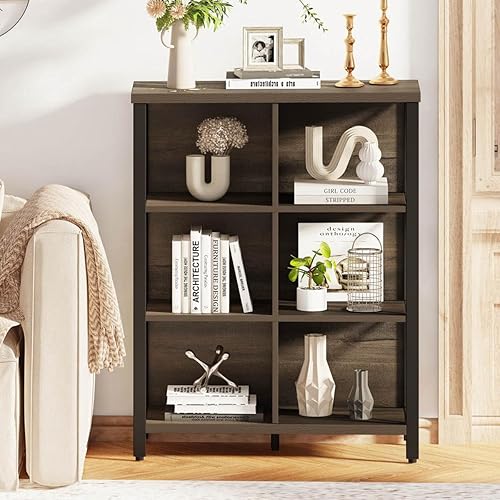 Miniatura 4 de FATORRI Estantería organizadora de almacenamiento de 6 cubos, estantería de madera rústica y metal, estantería industrial de 4 niveles (marrón nogal)