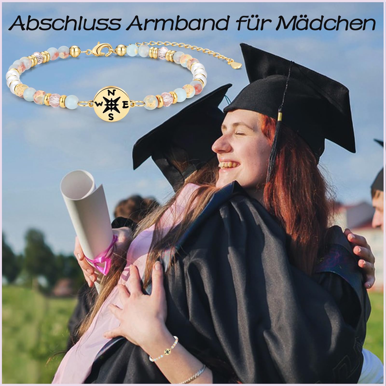Abschluss Armband, Abitur Geschenke Mädchen, Armband mit Kompass als Geschenke zum Abi Schulabschluss Realschulabschluss Uni Master Abschluss für Tochter Schwester Enkelin Nichte Freundin