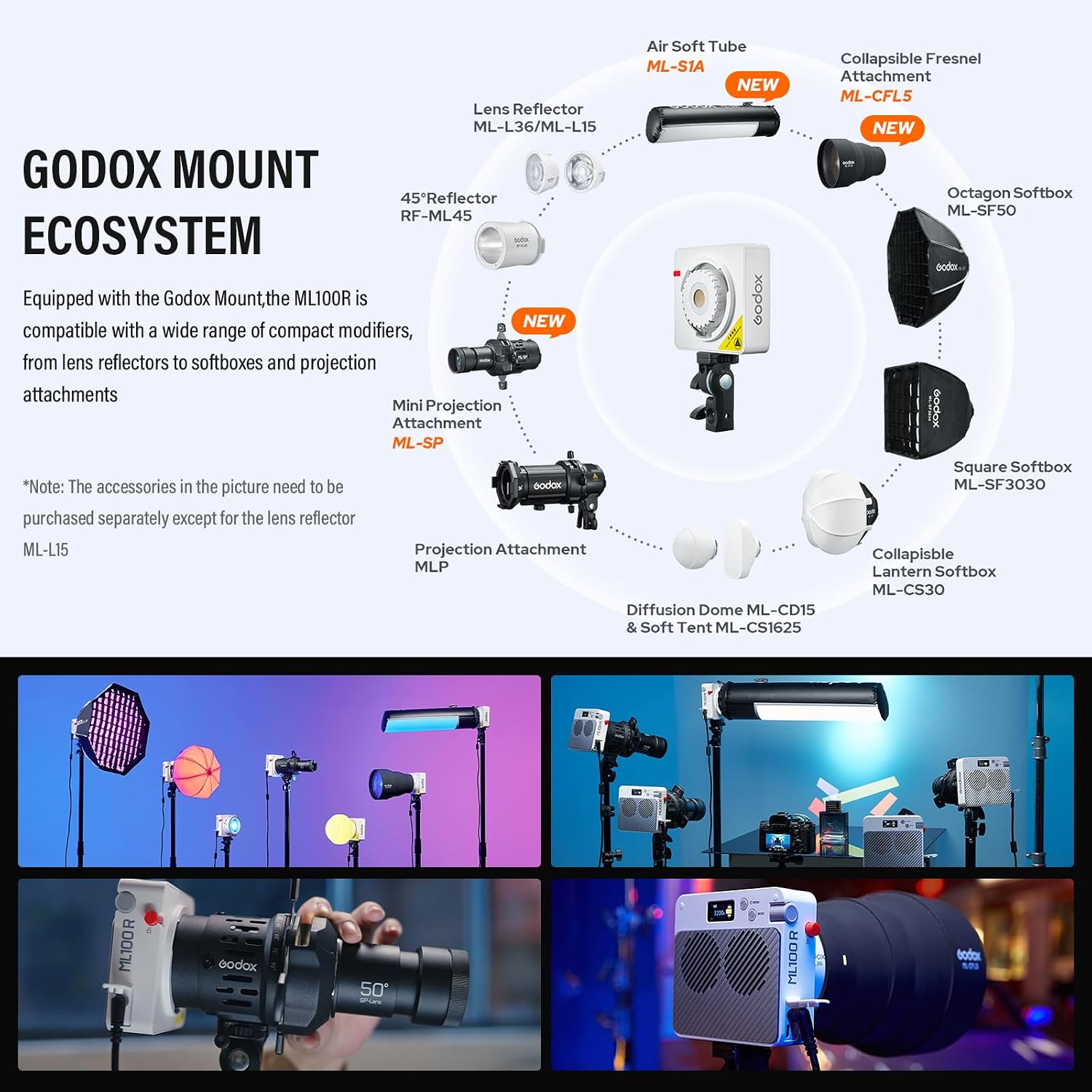 Godox ML100R RGB COB LED Video Light Portable with Carry Bag 110W Full-Color 1800K-10000K CRI 97+/TLCI 98+ 14 FX Effects Support APP Control for Studio/Live Streaming/Outdoor
