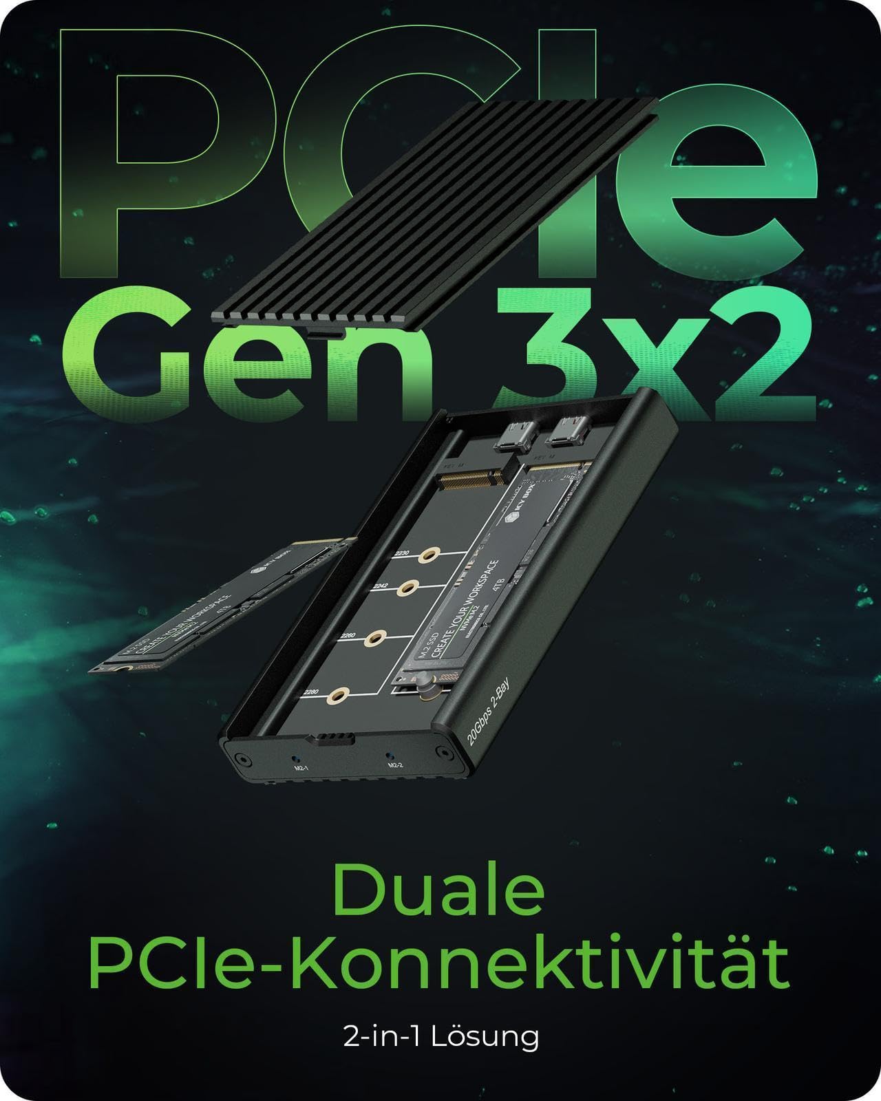 ICY Box 2-Fach M.2 SSD / NVMe Gehäuse, USB 3.2 Gen 2 (20 Gbit/s), Kühlsystem, Dual PCIe Gen 3x2 Unterstützung, USB-C, M-Key, Extern, NVMe Adapter, Aluminium, Schwarz