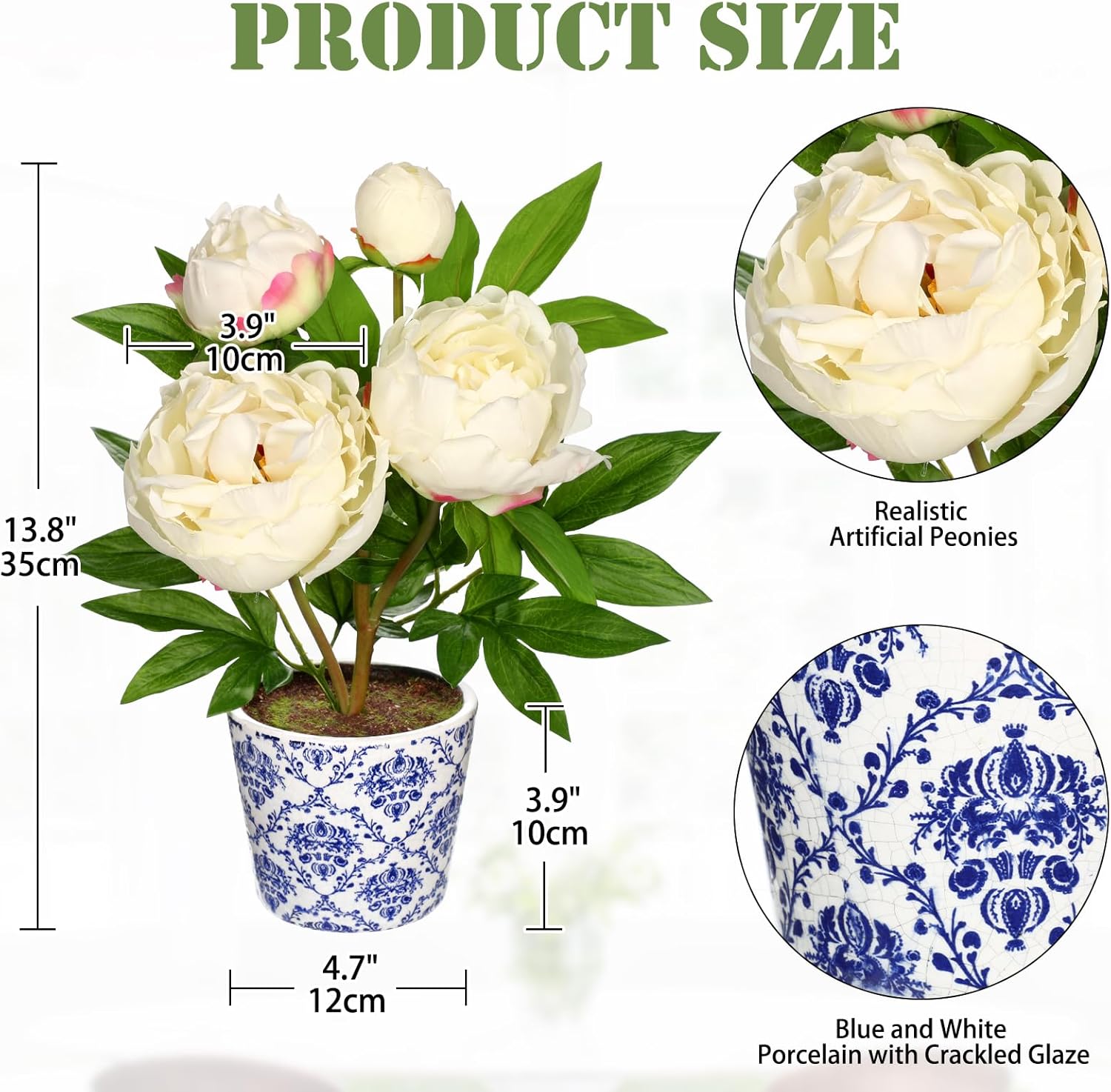 Briful Faux Peony Flowers in Blue and White Ceramic Pot 13.8" Realistic Silk Peonies Artificial Peony Floral Arrangement Fake Potted Flowers for Home Office Room Desk Shelf Decoration(White) - Image 2