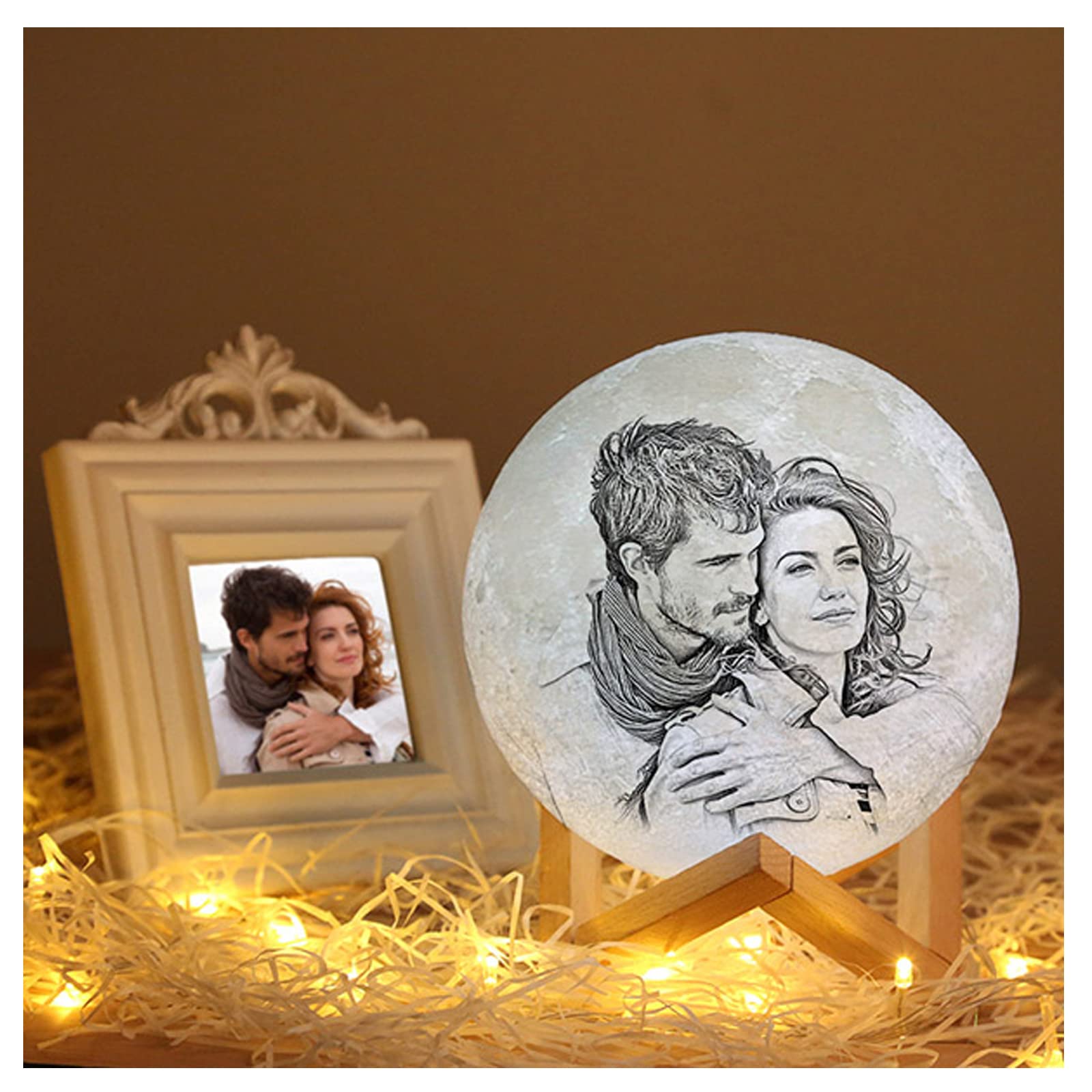 Moon Lamp Personalised,Personalised Custom Moon Light with Photo,Engraved LED Moon Lamp with Stand, USB Charging Touch Control, Custom Christmas Birthday Valentine's Gifts for Her/Him (8cm,2 Color)