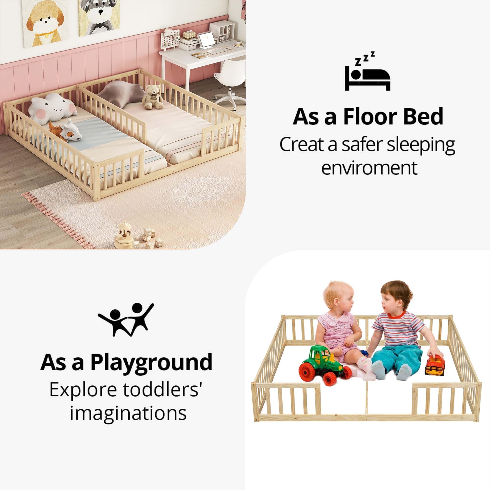 Double Floor Bed Frames for Kids, Wood Montessori Bed with Fence Rails, Two Twin Bed Frames for Kids Boys Girls Children,Natural