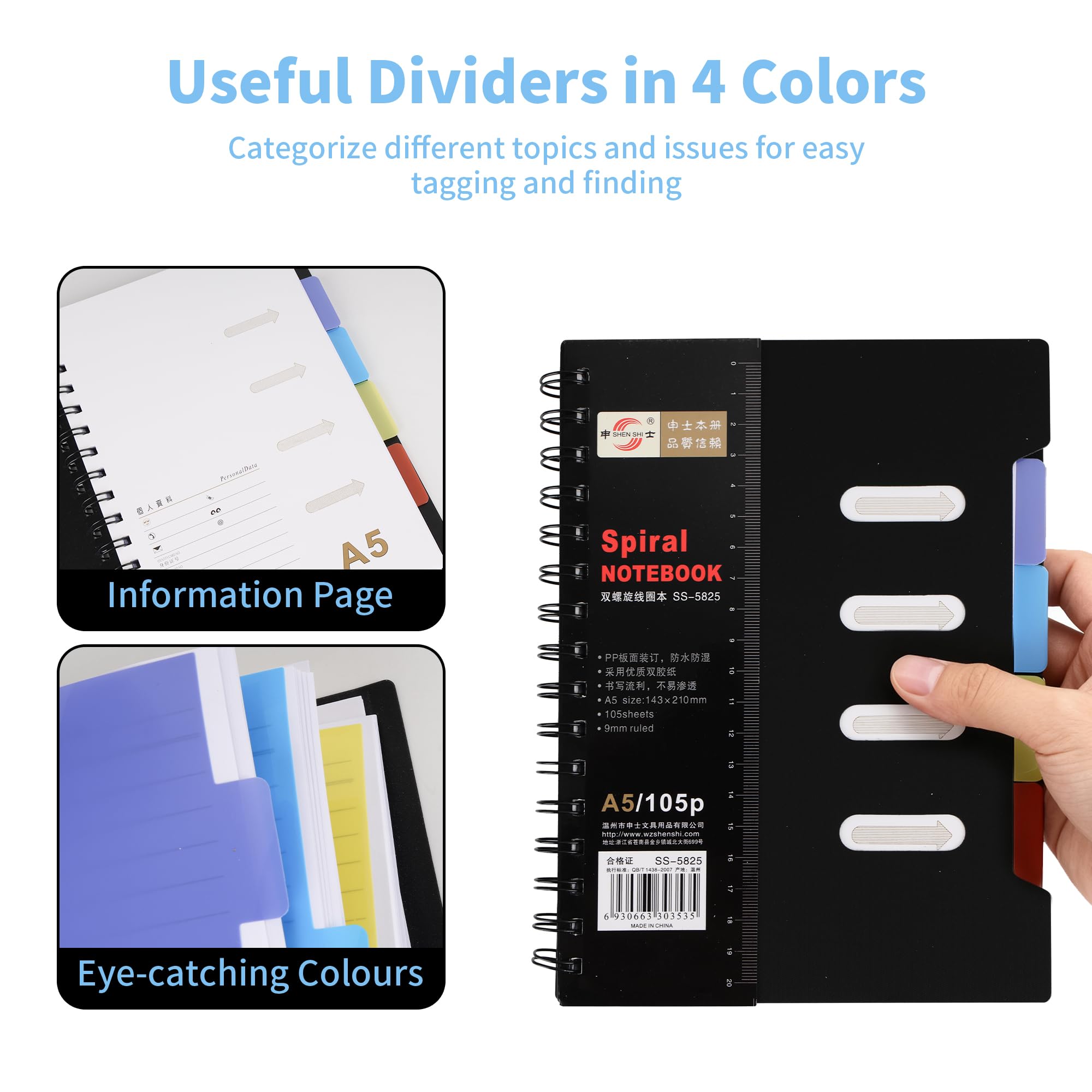 WeeGoo 4 PCS A5 Notebook with Dividers, 260 Pages Plastic Dividers for Spiral Notebook, Black 80 GSM Thick Wirebound Spiral Notebooks for Home Travel Office 21.5CM x 12.7CM - Image 4