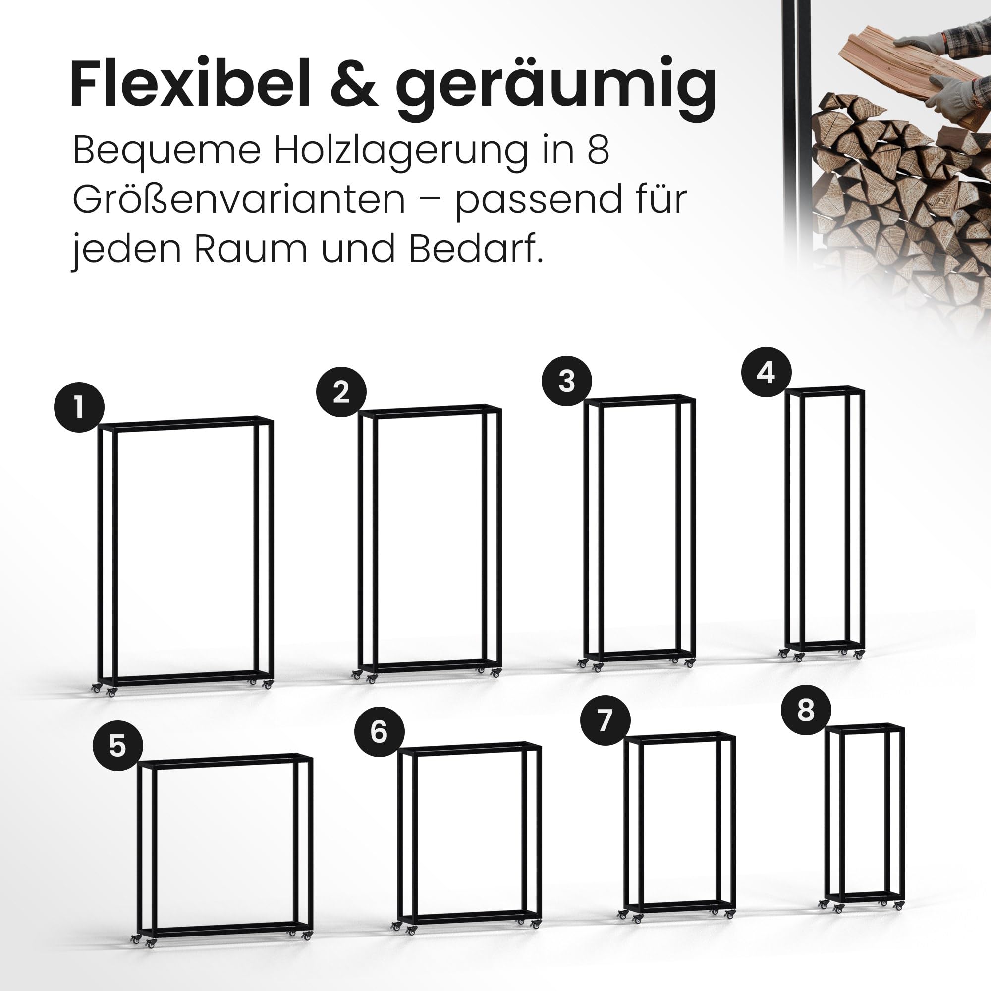 CLP Kaminholzständer innen Metall mit Rollen Hilta, Kaminholzregal aus stabilem Metall, Aufbewahrung für Brennholz im Wohnzimmer Farbe schwarz Größe 25x100x150 cm
