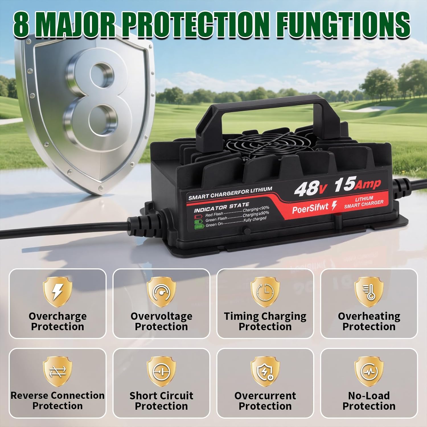 58.4V 15A Lithium Battery Charger for 48V Lifepo4 Battery Packs with Waterproof M8 Connector, LED Indicator, 6 Protections, Fast Charging, for Forklift & Solar Storage - Image 3