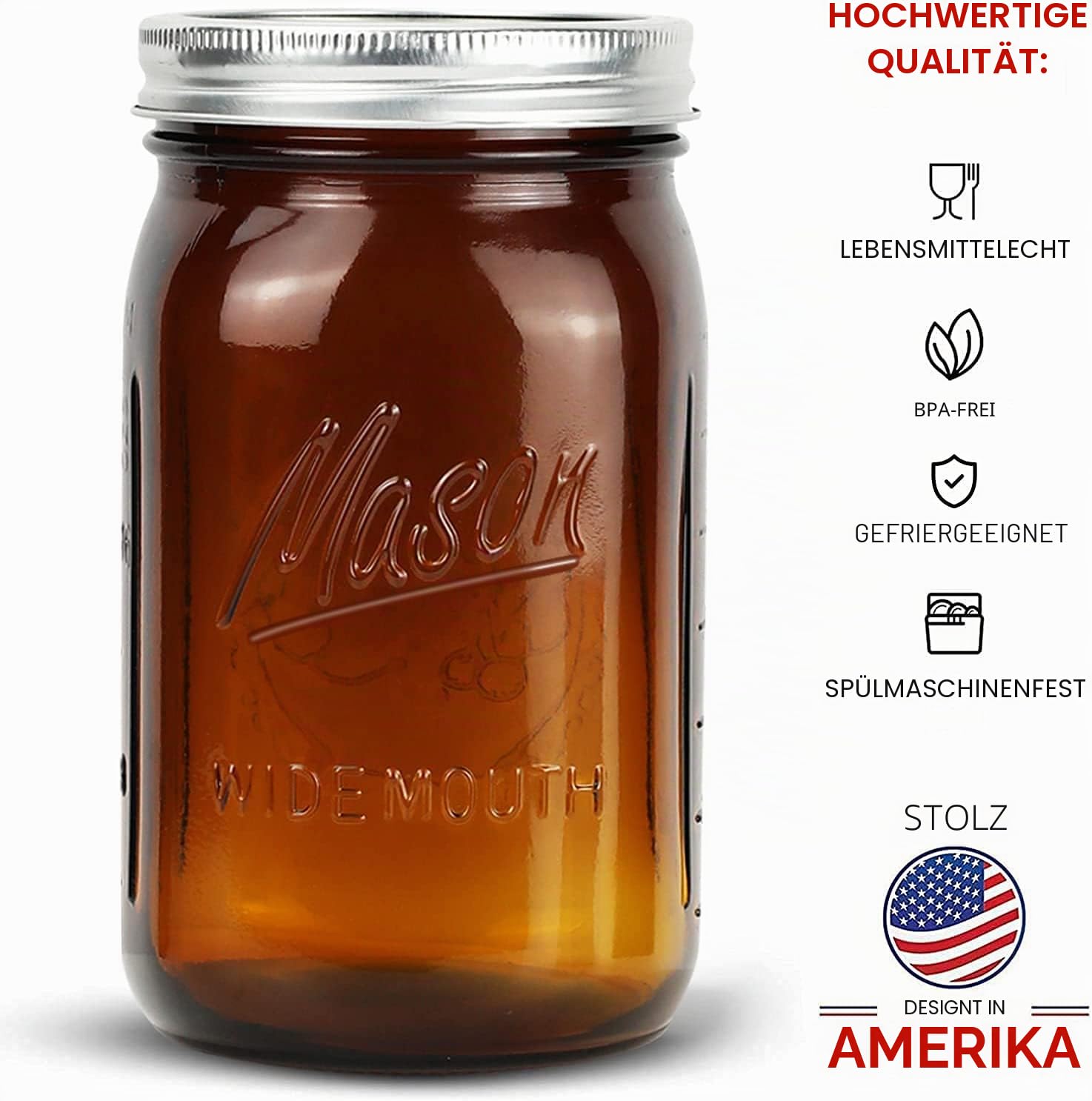 Bedoo Einmachgläser mit breiter Öffnung, 900 ml, Deckel und Bändern, 6 Stück, Quart luftdichten Deckeln, klares Glas, (Set Stück) (breite Öffnung), bernsteinfarben