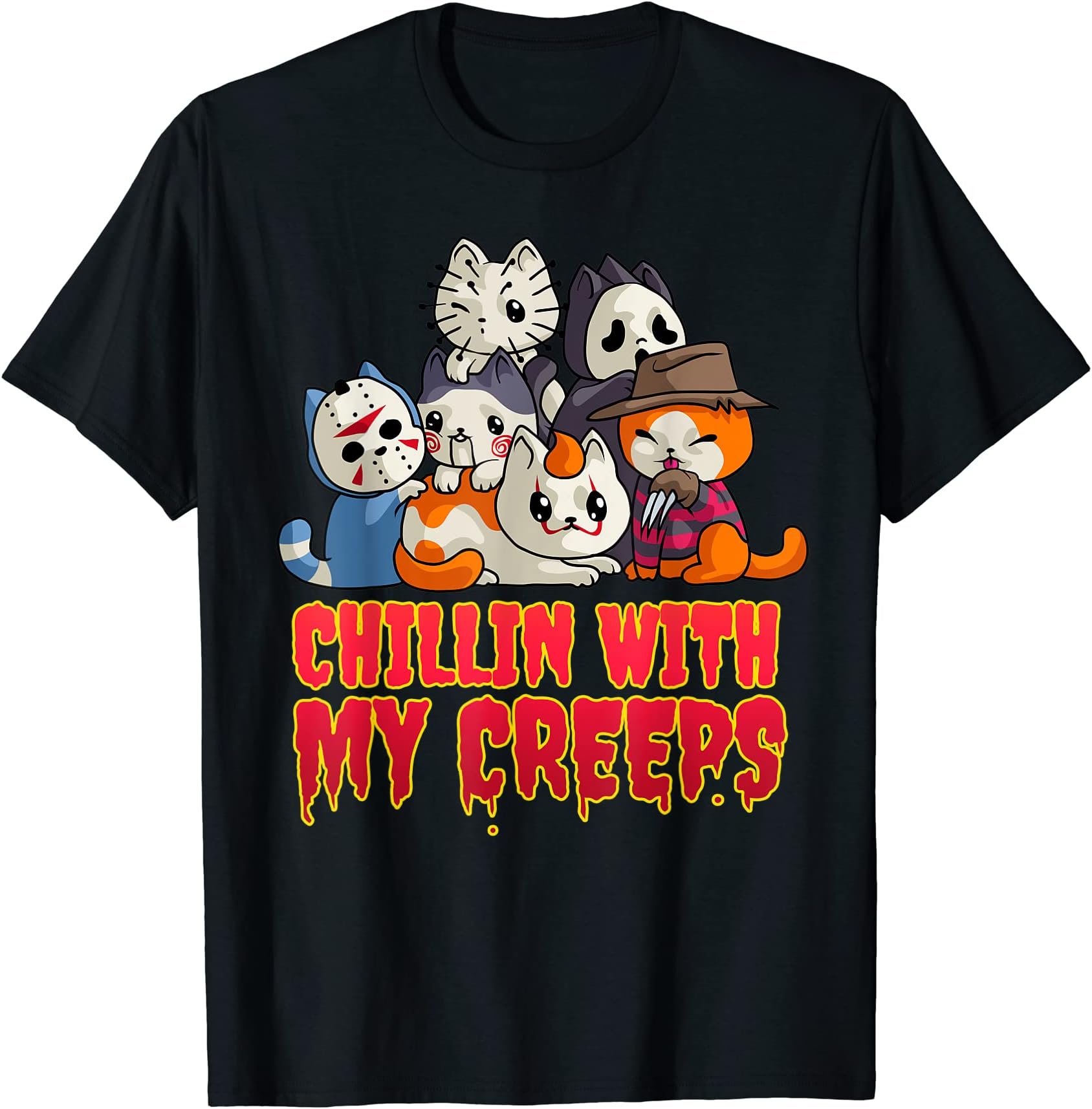 Catheads ClubChillin with My Creeps Funny Cat Horror Movies Serial Killer T-Shirt