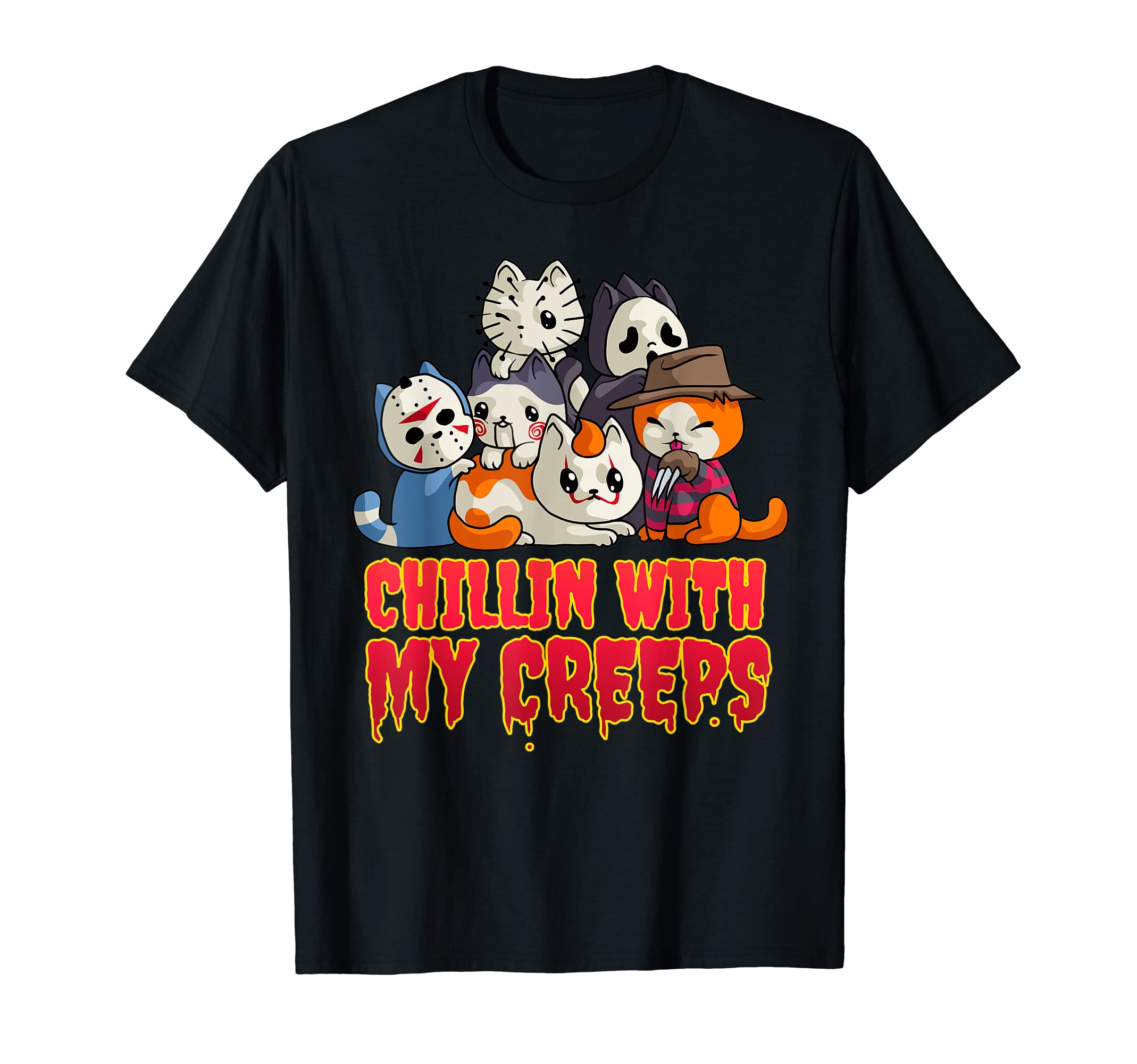Catheads ClubChillin with My Creeps Funny Cat Horror Movies Serial Killer T-Shirt