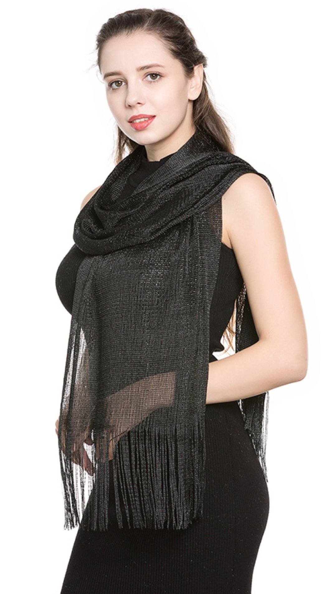 World of Shawls Scarf Wrap for Evening Dresses - Sheer Bridal Women's Scarves for Prom, Wedding, Party (Black with Black Glitter)