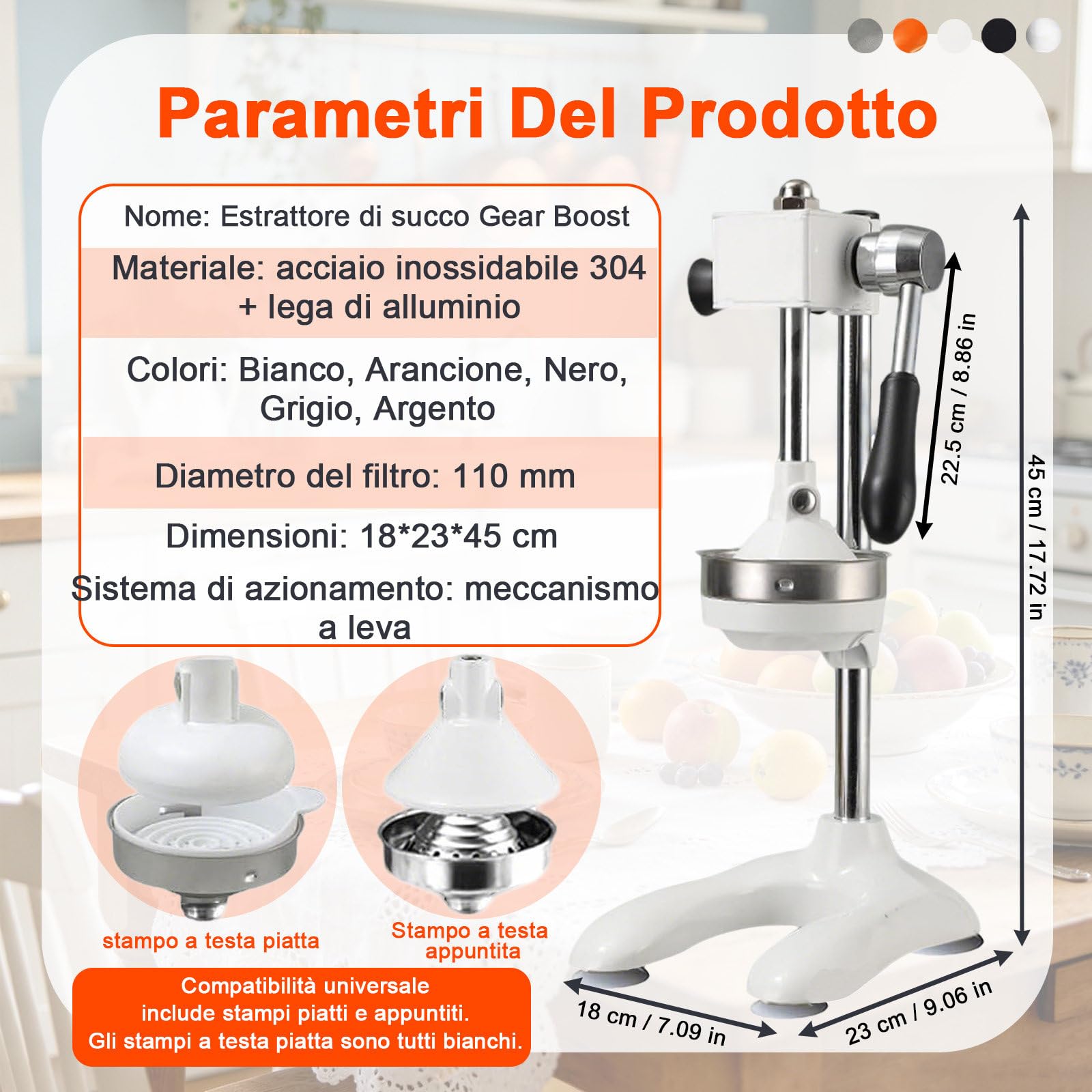 Spremiagrumi Manuale Spremiarance, Pressa in Acciaio Inox 304 con Meccanismo a Ingranaggi, Pressa per Frutta in Metallo, Colore Argento Bianco-doppiatesta