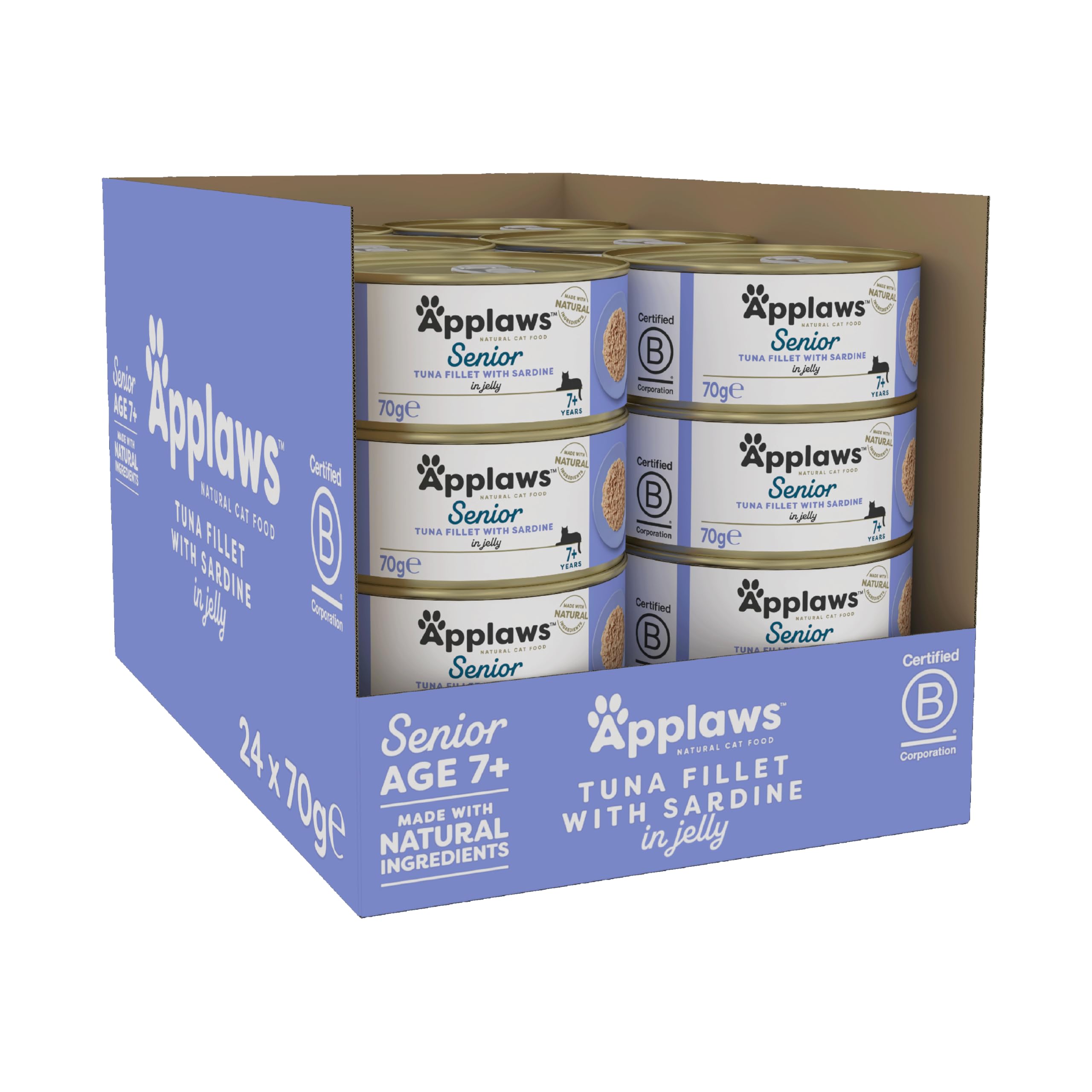 Applaws Natural Senior Wet Cat Food, Tuna with Sardines in a Soft Mousse 70g Tin(Pack of 24 x 70g Tins)