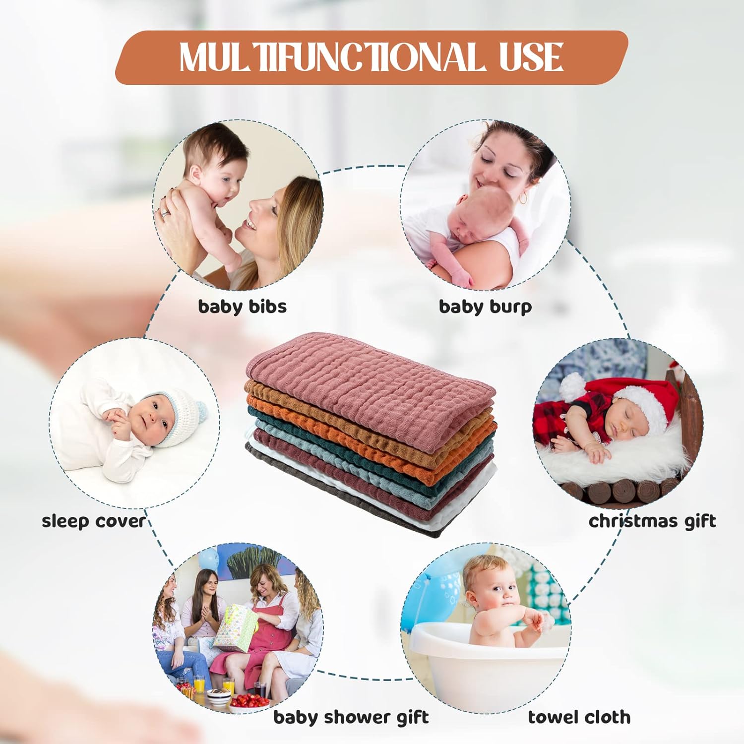 8パック モスリンバープクロス 6層 ユニ ベビーアイテム 吸収性バープラグ カラフルなモスリンウォッシュクロス ベビープレーン ソ