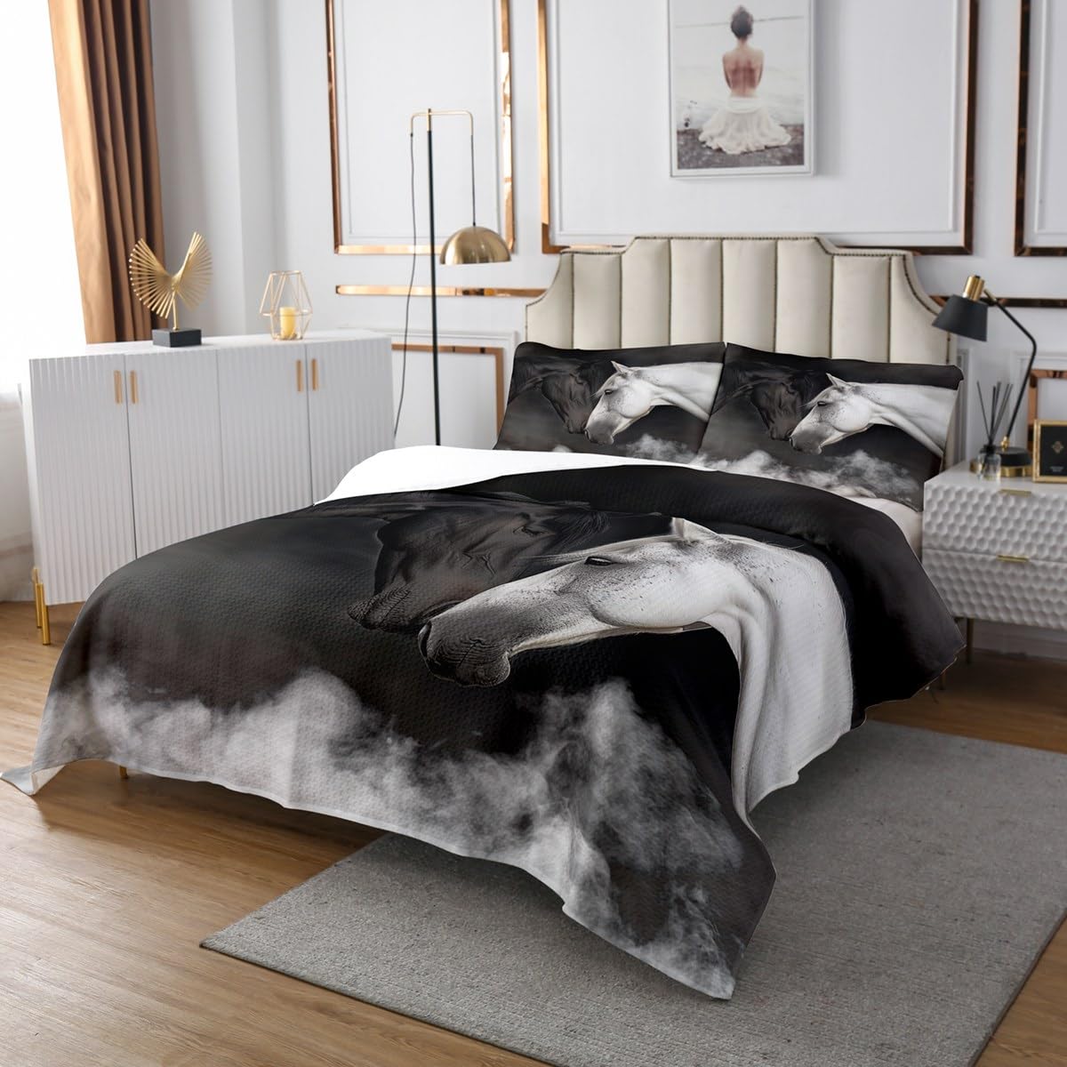 Erosebridal Black and White Twin Quilt Set Horse Couple Coverlet Set for Boys Girls, Wild Animal Theme Bedding Set Valentine's Day Bedspread Set, Wedding Anniversary Bed Quilt
