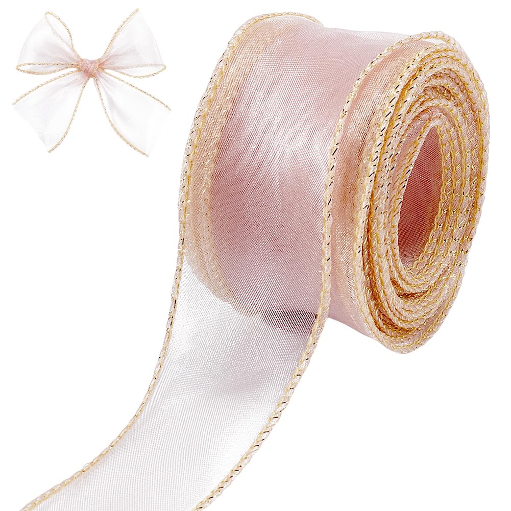 CRASPIRE 1-5/8” Wide Pink Gold Wired Sheer Ribbon Organza Tulle Gift Ribbon Handmade Chiffon Fabric 6.5Yd for Gift Wrapping Wedding Flower Bouquet Christmas Wreaths Xmas Crafts Hair Bow Party Holiday