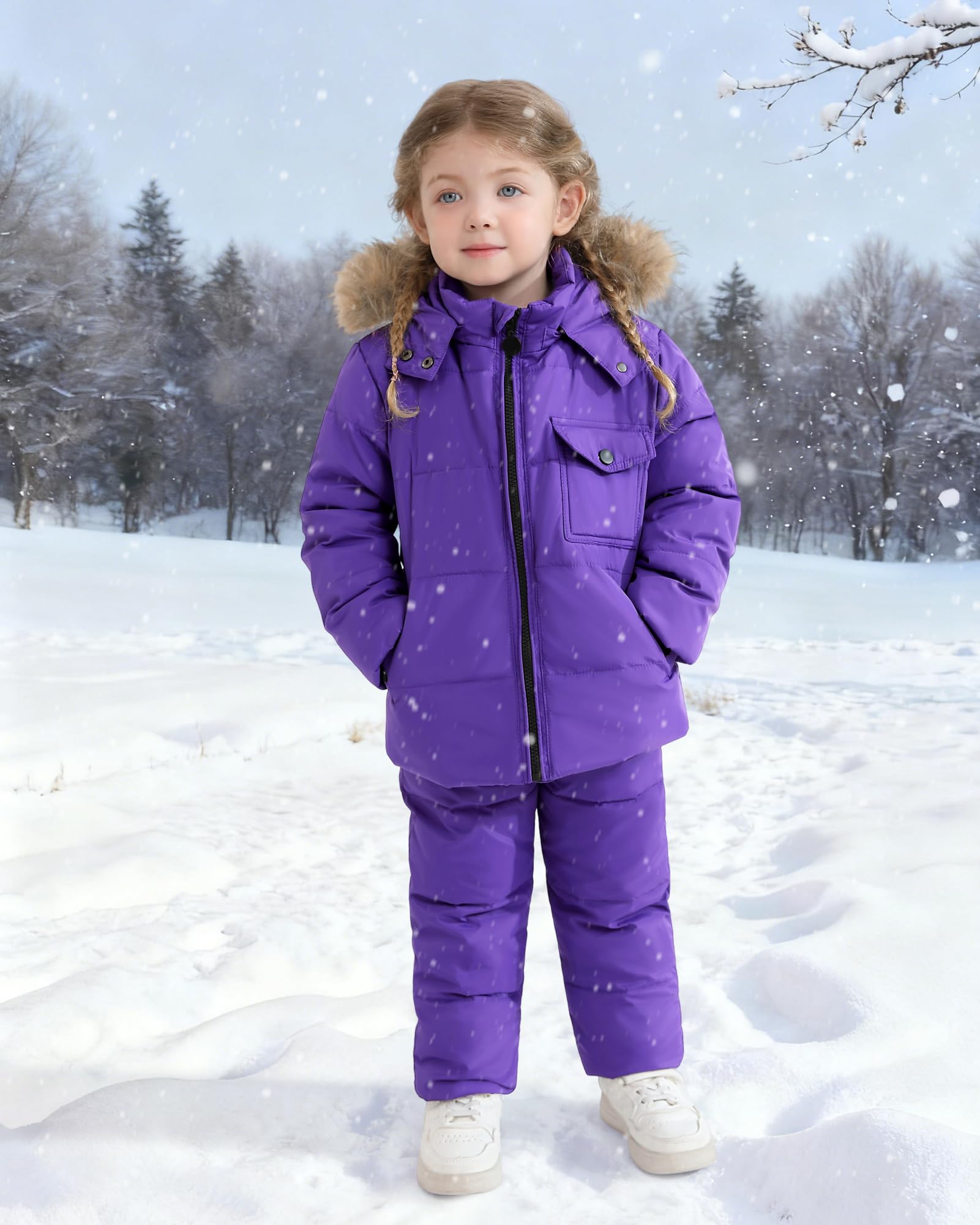 SANMIO Tuta da neve per bambini con cappotto invernale e pantaloni da neve, con cappuccio e pantaloni con bretelle, tuta antivento da sci 2-6T