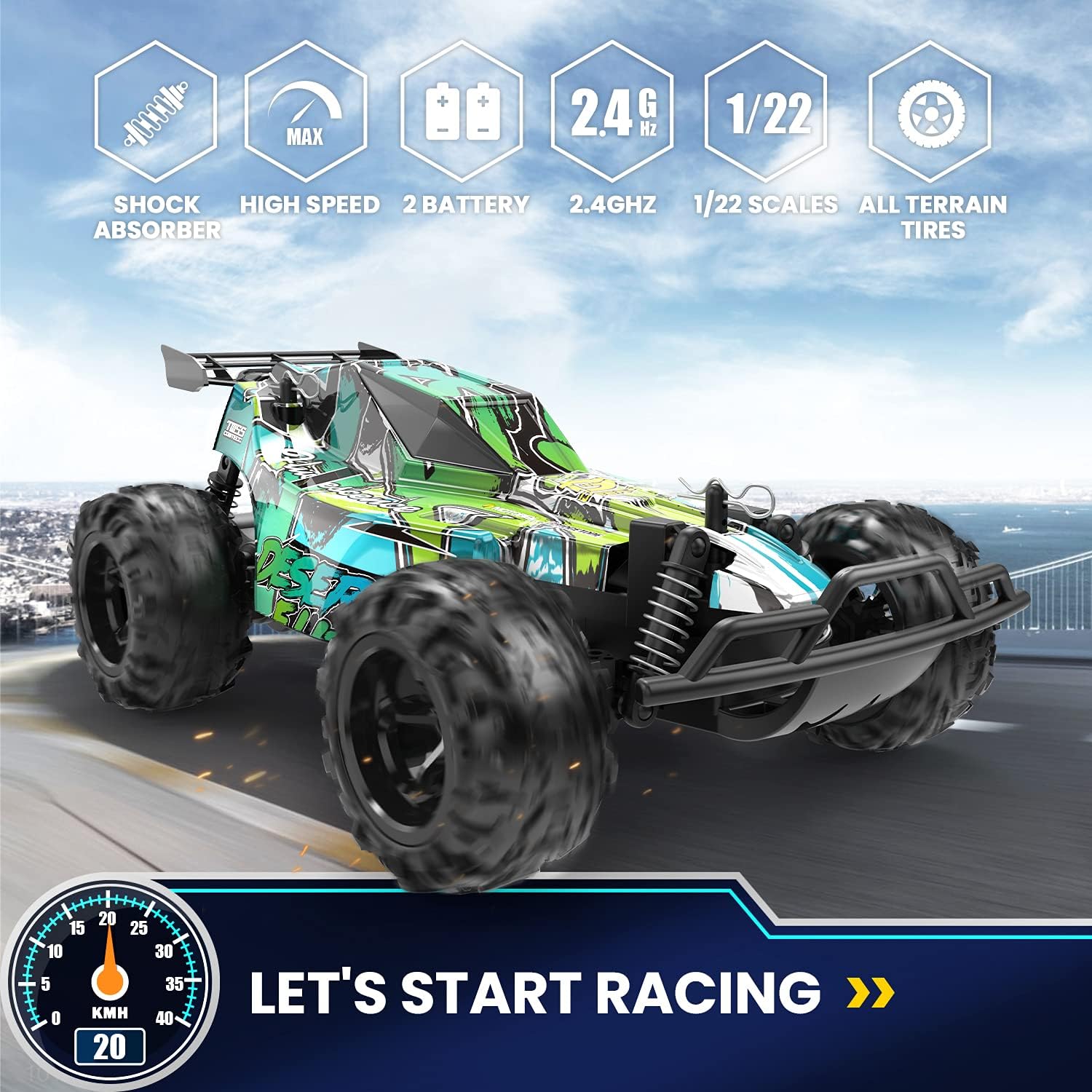 DEERC Remote Control Car,20KM/H High Speed Racing Car with 2 Rechargeable Batteries,2.4GHZ Off Road Trucks Electric Stunt RC Car Toy for Boys&Girls