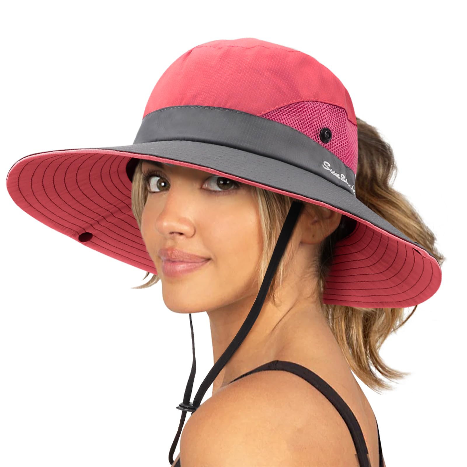 DRESHOW Women Sun Hat Outdoor UV Protection Hat Foldable Mesh Wide Brim Fishing Ponytail Beach Bucket Hats