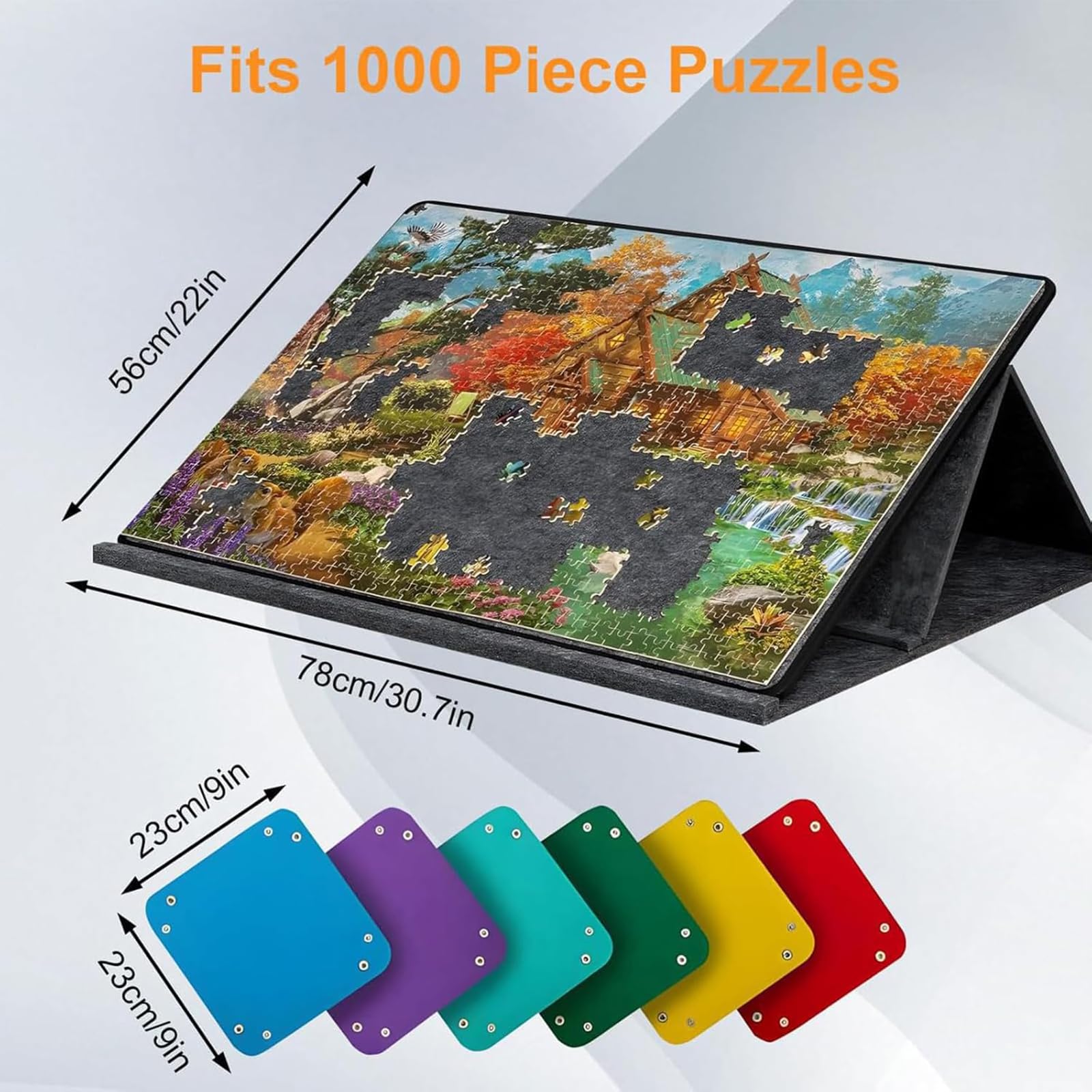 Składana tablica do puzzli z 3 regulowanymi kątami i 6 tacami do sortowania, lekka filcowa mata stołowa, antypoślizgowa mata do 1000 sztuk