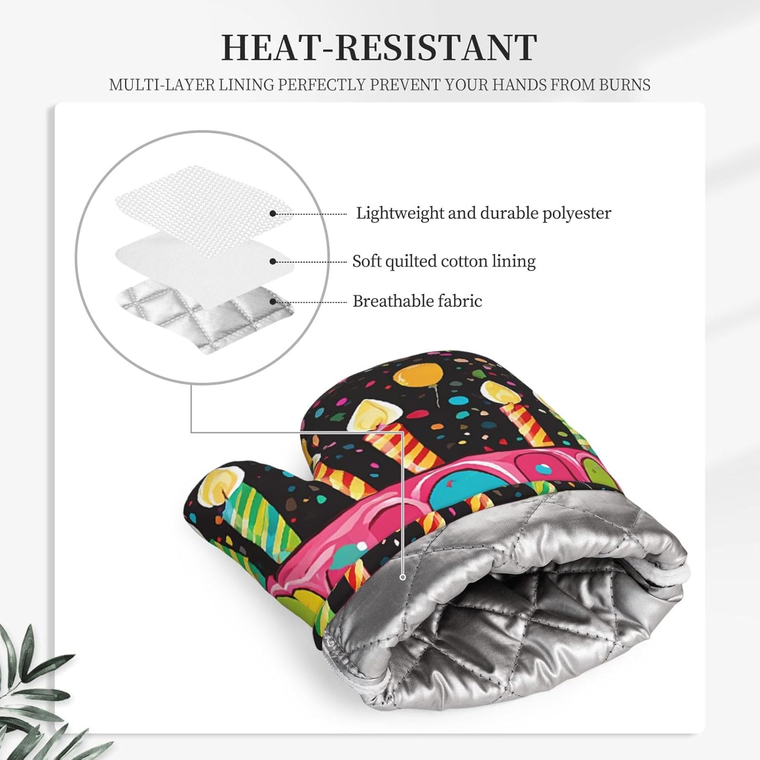 Happy Birthday Big Cake Oven Mitts and Pot Holders Set of 4 Heat Resistant Kitchen Gloves with Silicone Palm Hot Pads for Baking Cooking Grilling BBQ