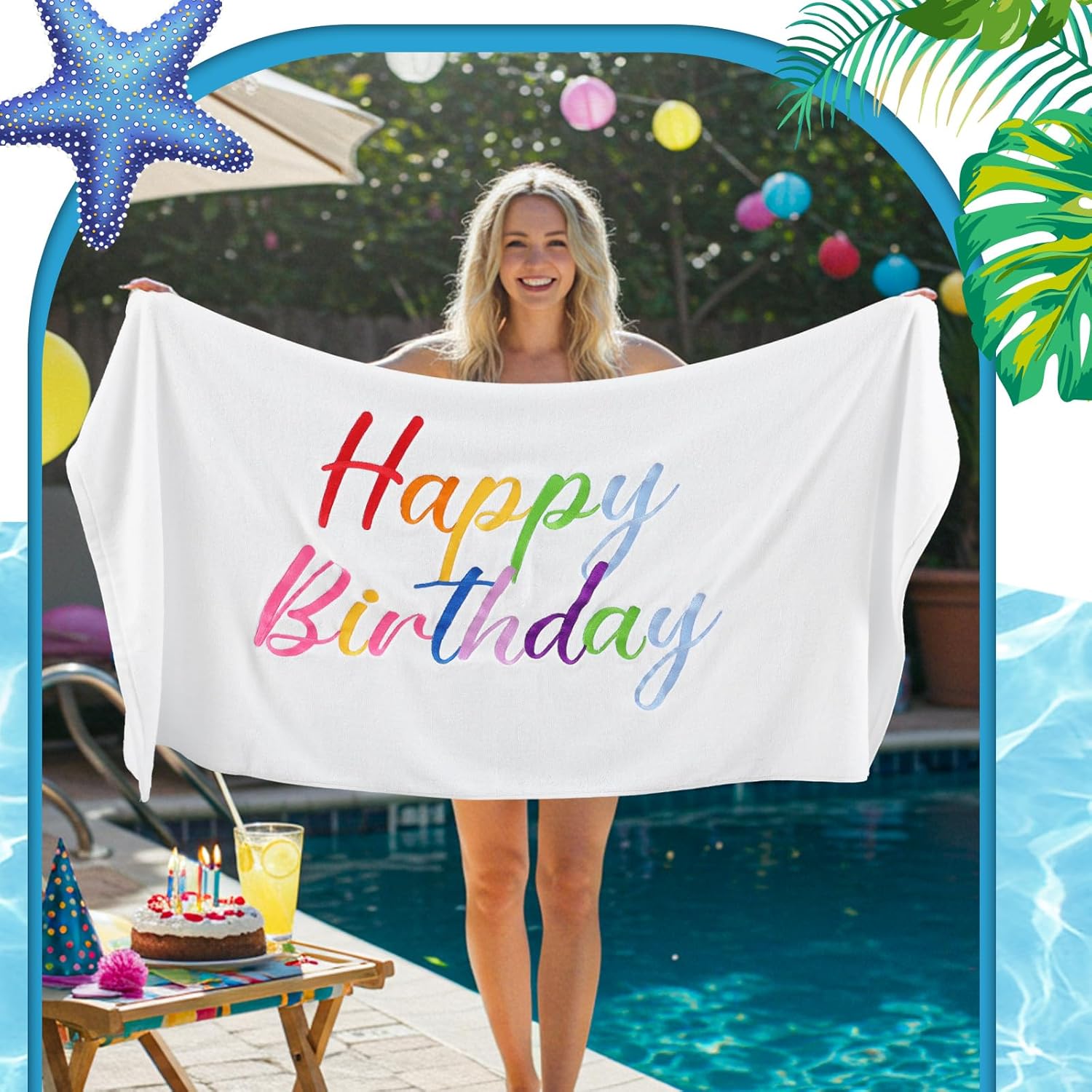 Peryiter Happy Birthday Beach Towel Birthday Party Pool Bath Towel 100% Cotton 28 x 55 Inch Large Travel Blanket Soft Lightweight Beach Blanket for Summer Swimming Party Gifts