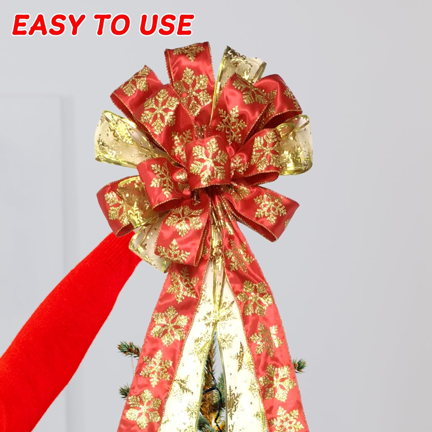 Decorations Christmas Tree Topper, Large Glittered Snow Flakes Decor Bow with Glitter Satin Streamer Christmas Ornament for Your Christmas Indoor Party Holiday Decoration & Gift, 48x13.8 Inch - Image 6