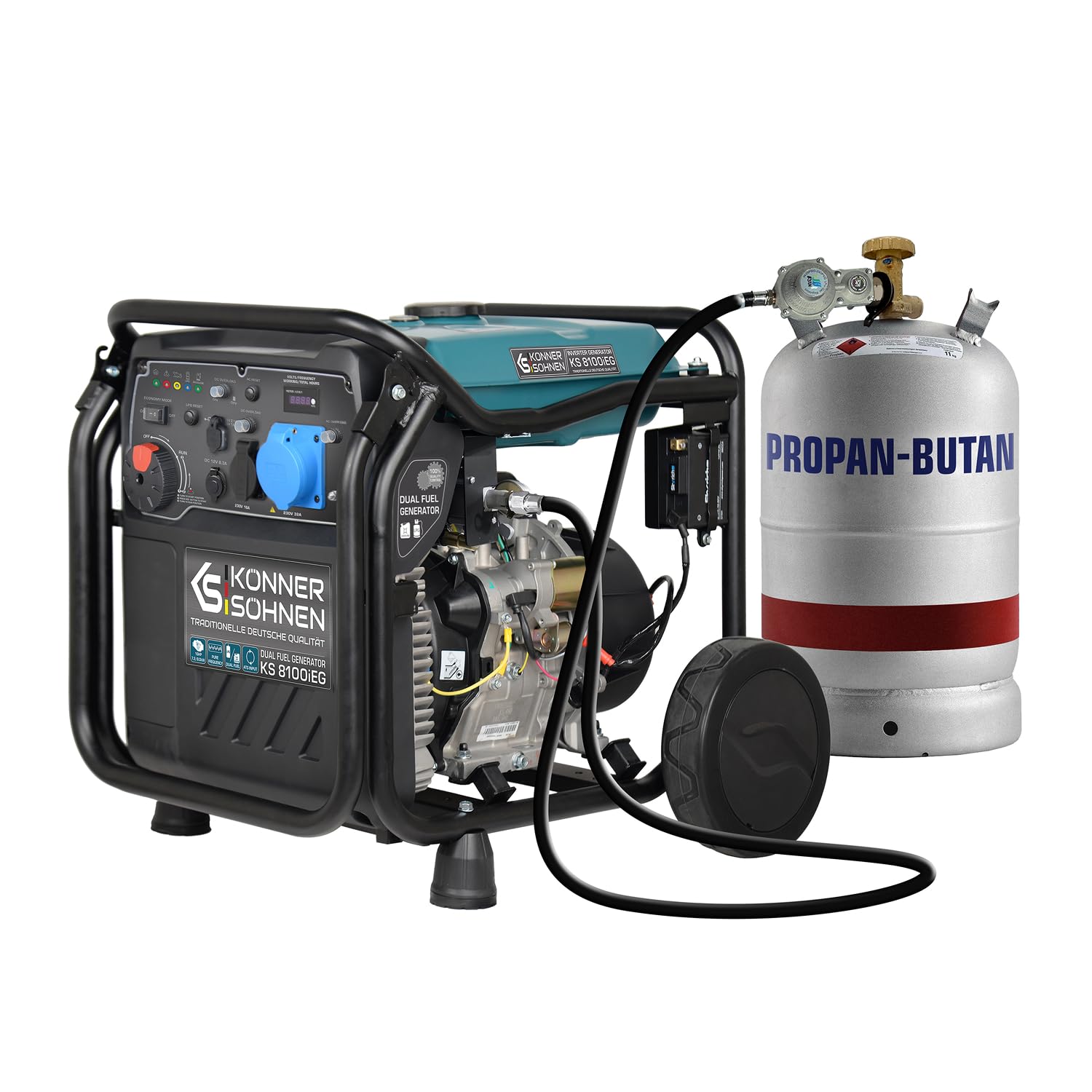 Groupe électrogène inverter à essence/gaz Könner & Söhnen KS 8100iEG, puissance maximale 8000 W, affichage LED, mode d’économie de carburant, enroulement en cuivre, EURO V. Générateur onduleur.
