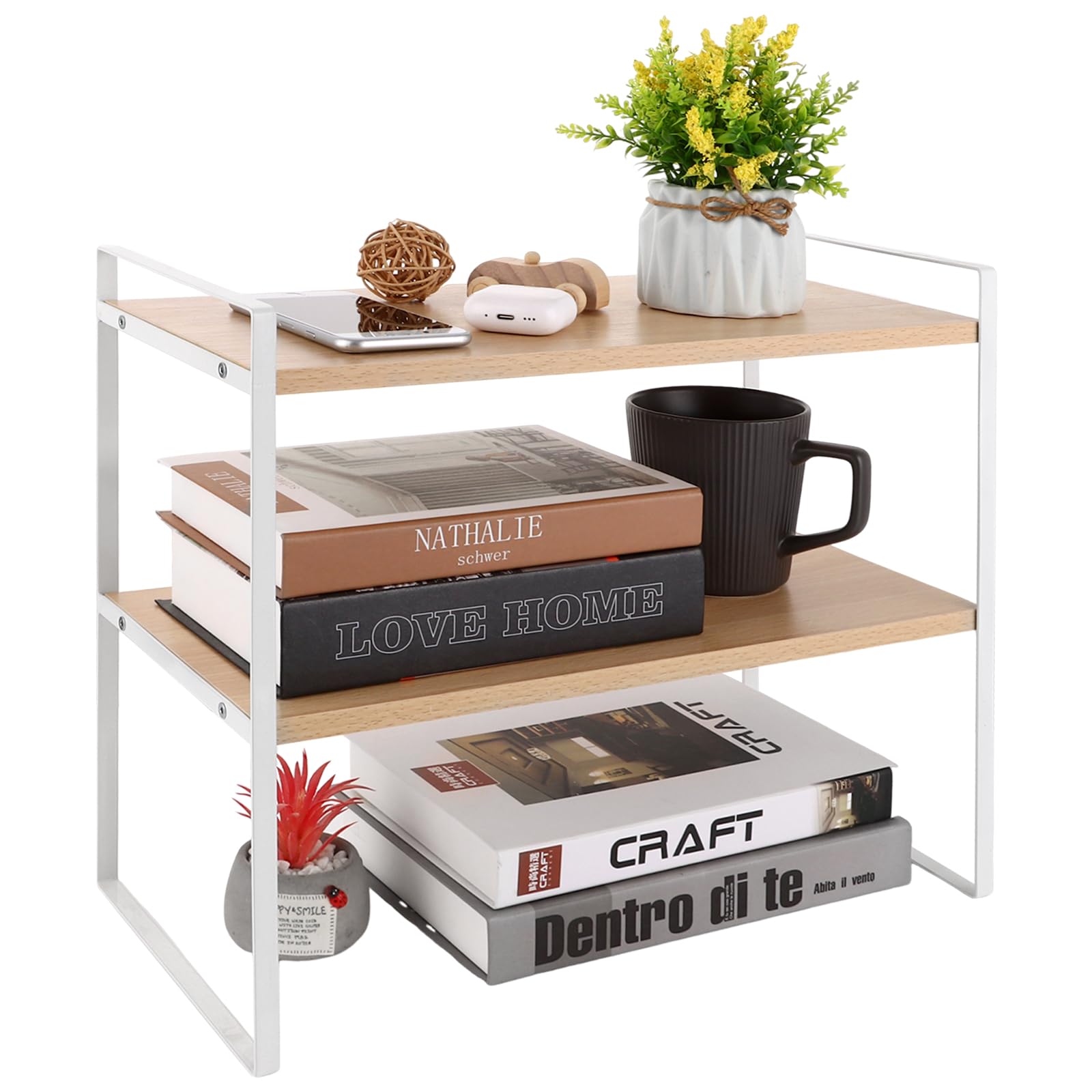 AKOLAFE Schreibtisch Organizer Regal Weiß 40x20x36cm Zweistöckig Schreibtischregal Holz Bücherregal Klein Schreibtisch Regal Aufbewahrungsregal für Schreibtischm, Alltagsgegenstände, Gewürze, Tassen