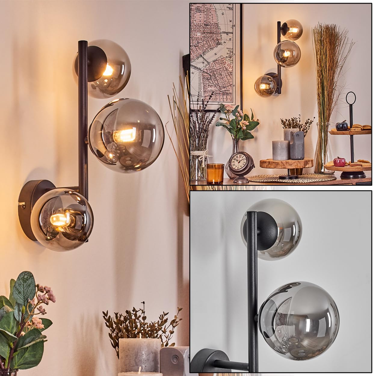 HOFSTEIN Wandleuchte Chehalis, Wandlampe aus Metall/Glas in Schwarz/Rauchfarben, moderne Leuchte im Retro/Vintage-Design (Ø Schirme 10; 12 cm), G9, Wohnzimmer, Schlafzimmer, Küche, Flur, Treppenhaus