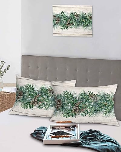 Miniatura 5 de Fundas de almohada de tamaño estándar con conos de pino verde, paquete de 2 fundas de almohada suaves decorativas para sofá de cuerpo largo, con