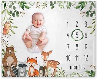 Woodland Baby Monthly Milestone Blanket, Woodland Animals Baby Growth Chart Monthly Blanket, Watch Me Grow Baby Woodland Forest Nursery for New Moms Baby Shower, Includes Marker (50"x40")