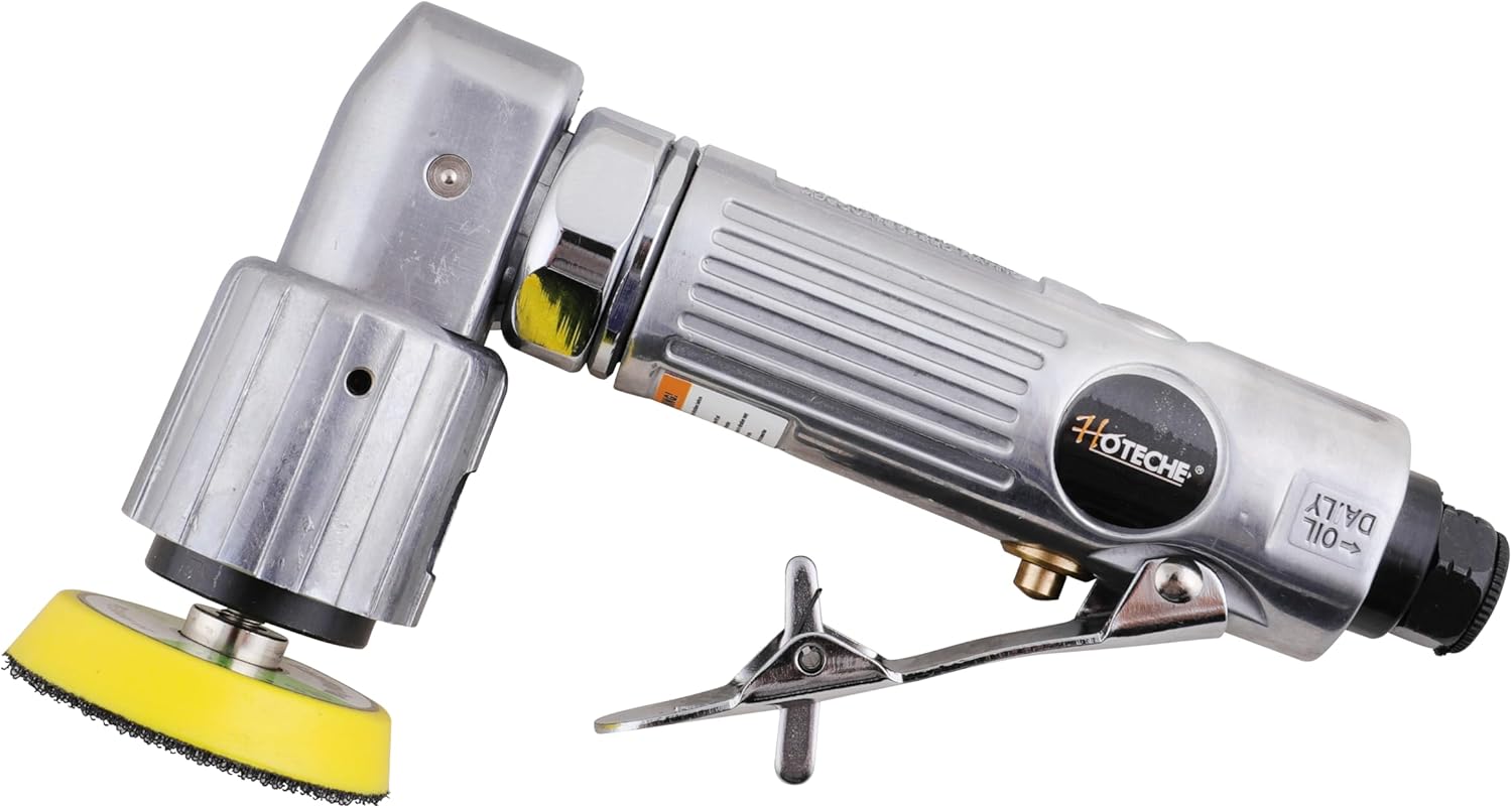 Hoteche 2" Air Angle Sander, 15000 RPM, 3CFM, 2” Sanding Pad, Polished Aluminum Body, Rear Exhaust, with 3 Universal Fittings, Color Box
